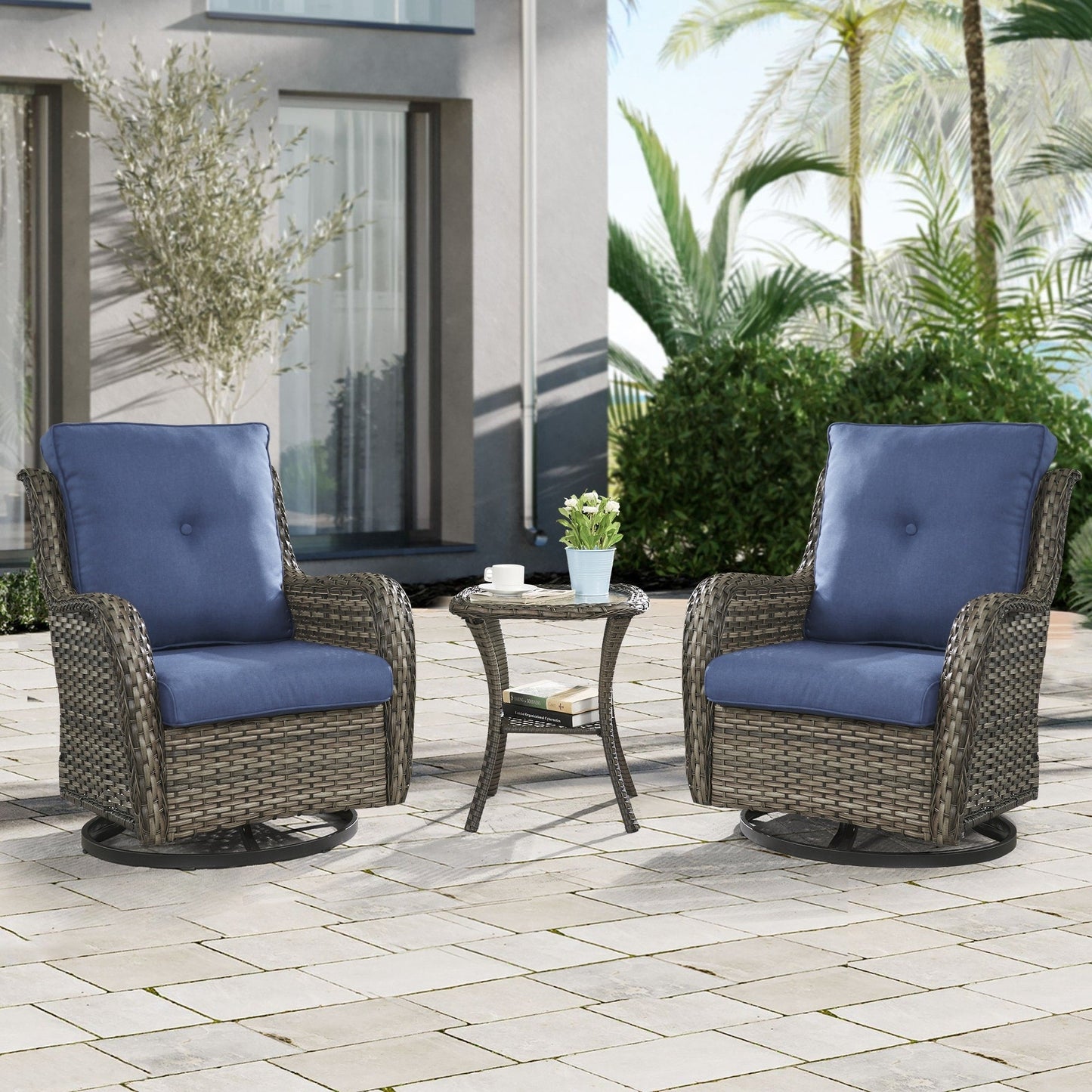 Fauteuil à bascule pivotant d'extérieur Gymojoy 3 pièces en osier avec coussin et table