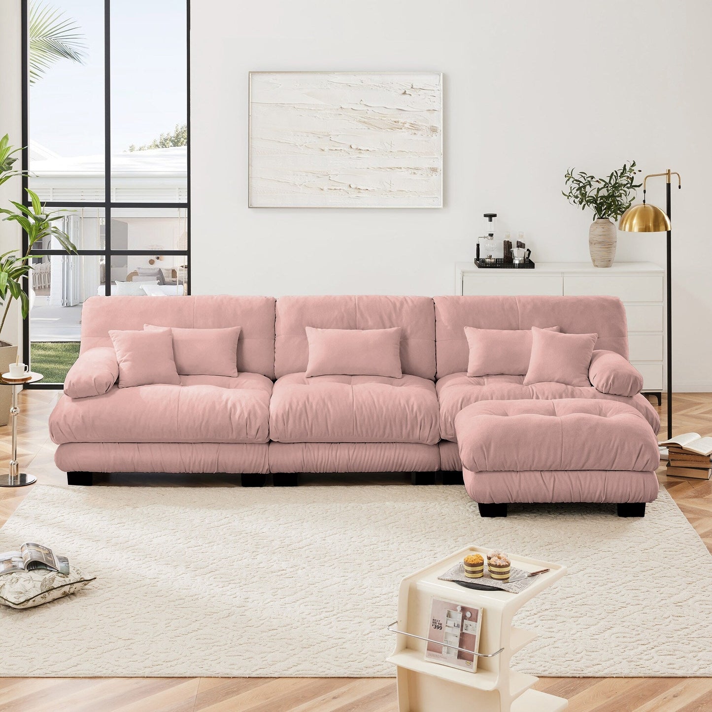 Canapé modulable 3 places, canapé profond en forme de nuage en L avec pouf convertible pour le salon