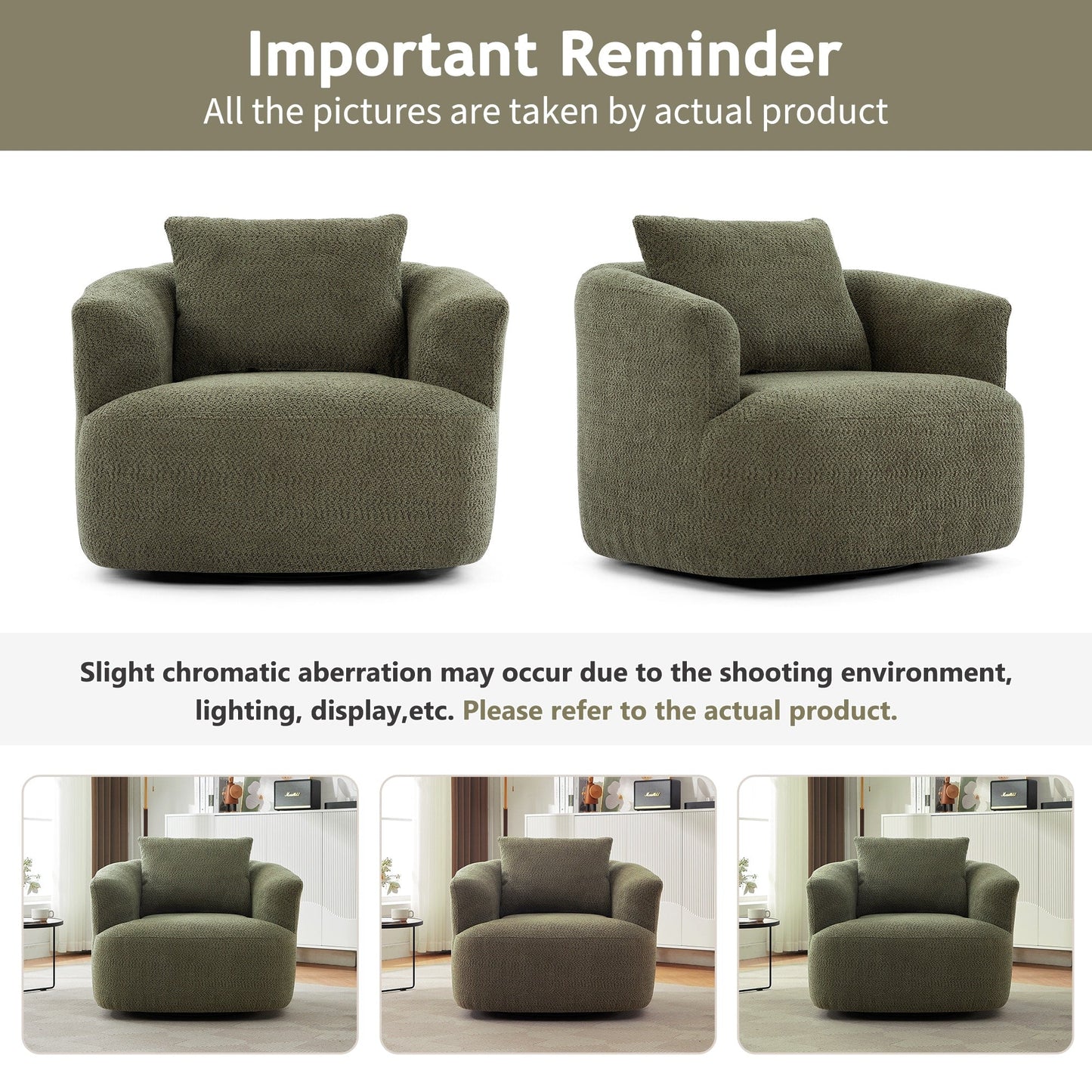 Fauteuil pivotant à 360°, fauteuil d'appoint Boucle 38,2" avec coussin décoratif, fauteuil rembourré en forme de tonneau avec accoudoirs incurvés