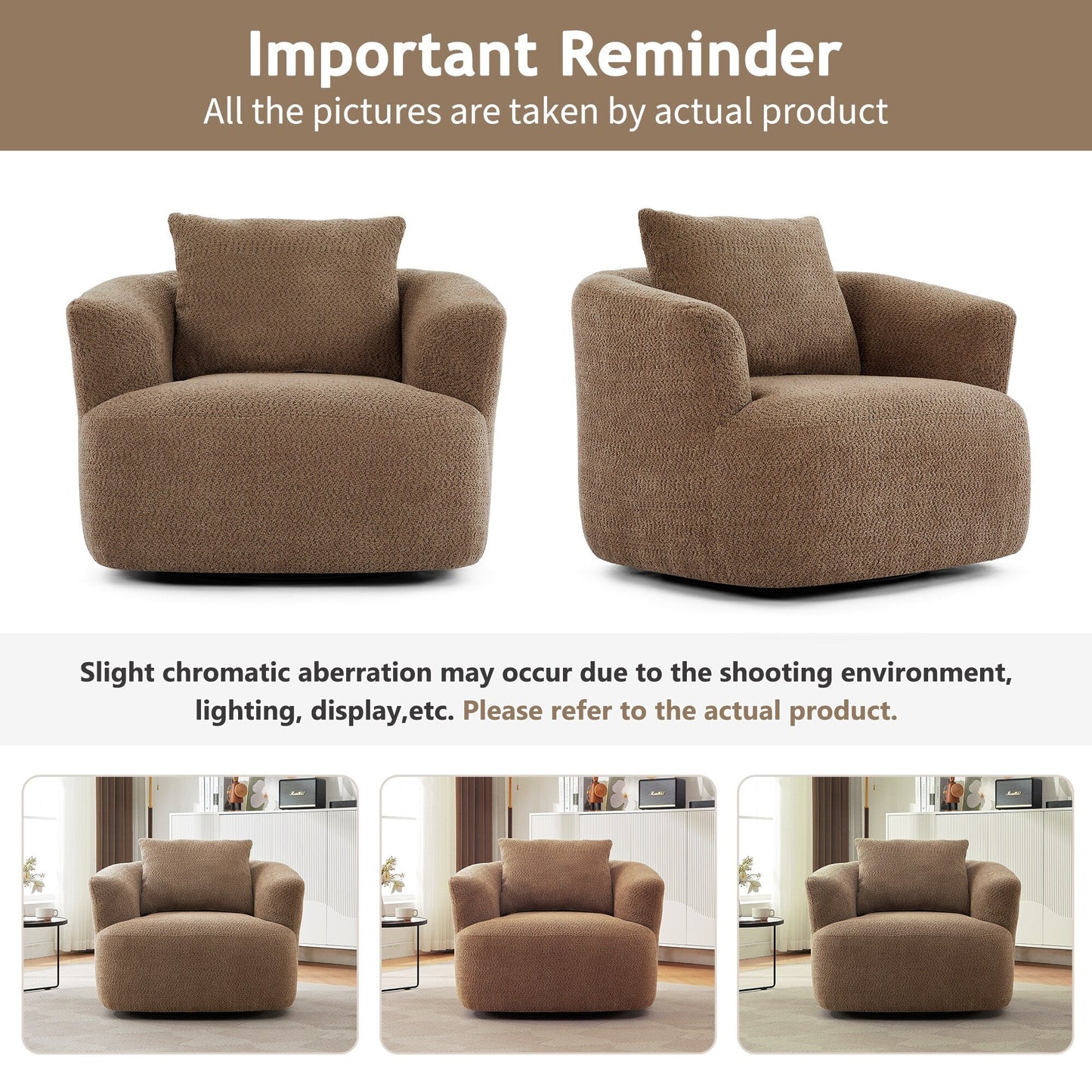 Fauteuil pivotant à 360°, fauteuil d'appoint Boucle 38,2" avec coussin décoratif, fauteuil rembourré en forme de tonneau avec accoudoirs incurvés