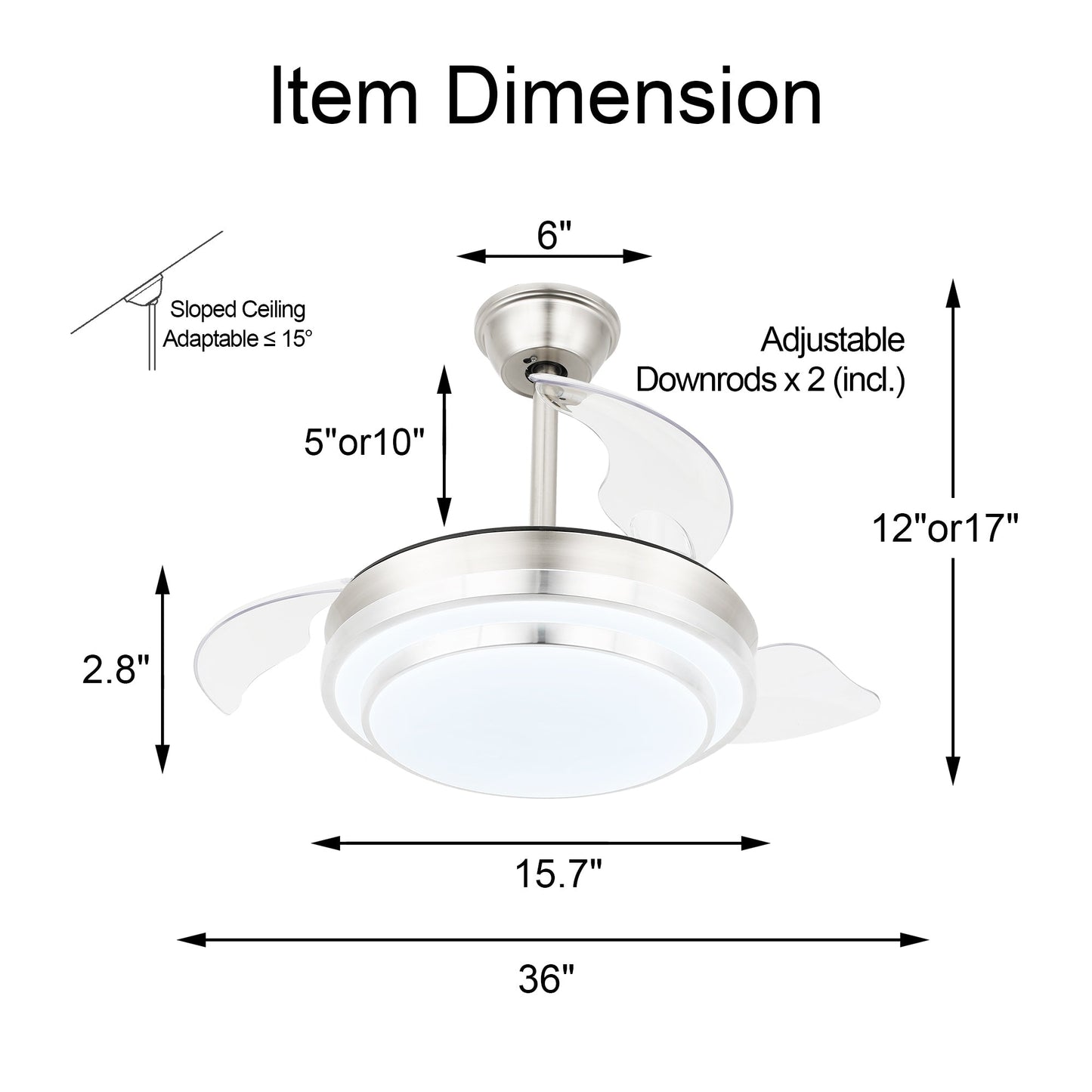 Ventilateur de plafond rétractable moderne Bella Depot 36 avec éclairage LED, pales réversibles à 6 vitesses et télécommande