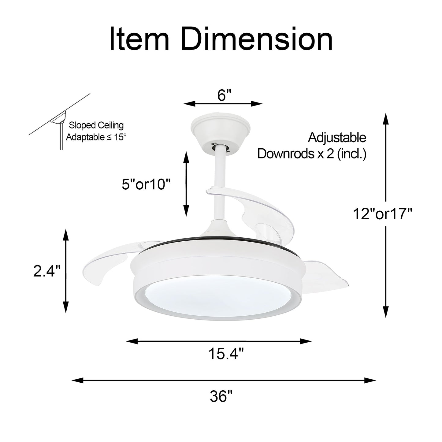 Ventilateur de plafond rétractable moderne Bella Depot 36 avec éclairage LED, pales réversibles à 6 vitesses et télécommande
