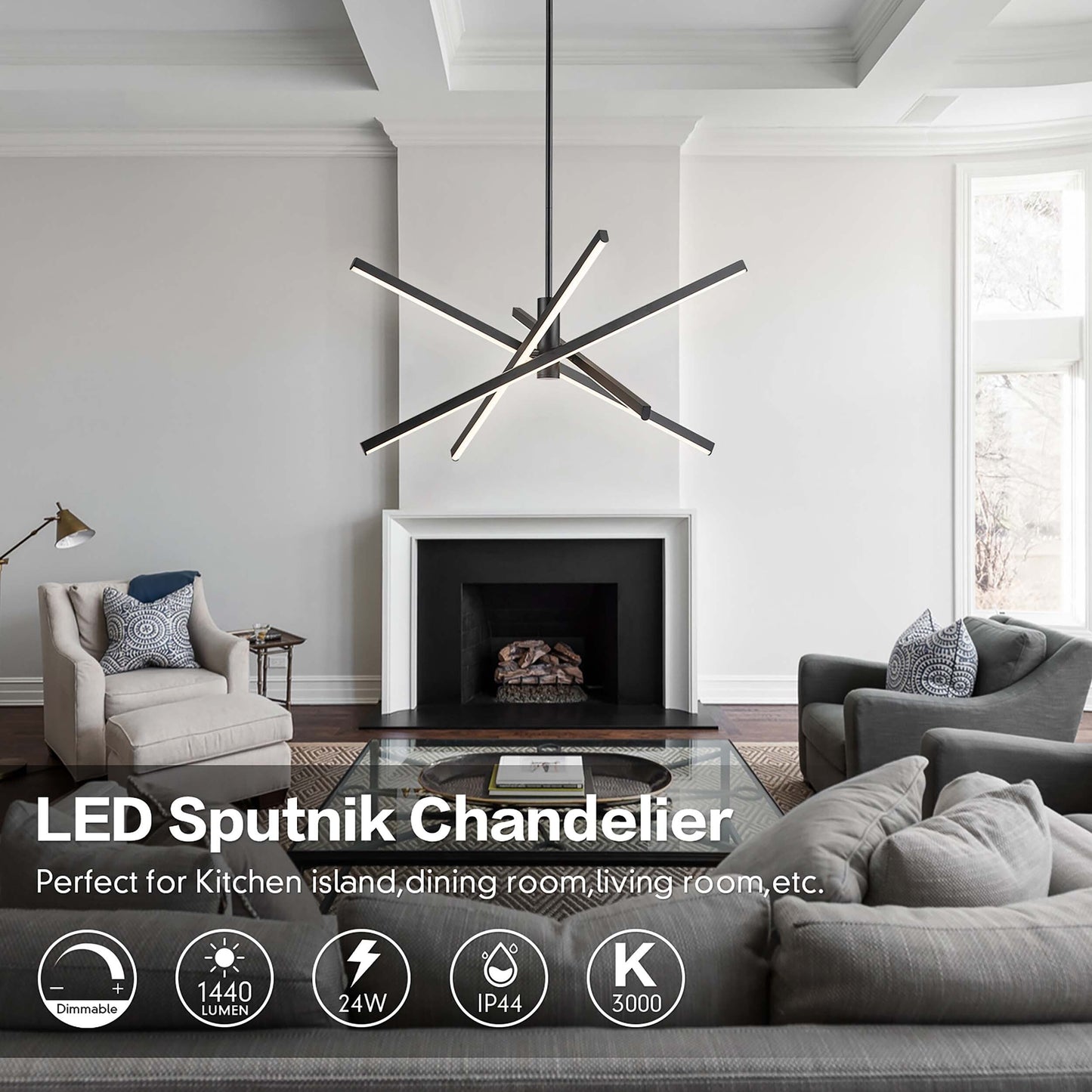 Lustre LED moderne en aluminium noir/doré, plafonnier linéaire Spoutnik pour salon/salle à manger/cuisine