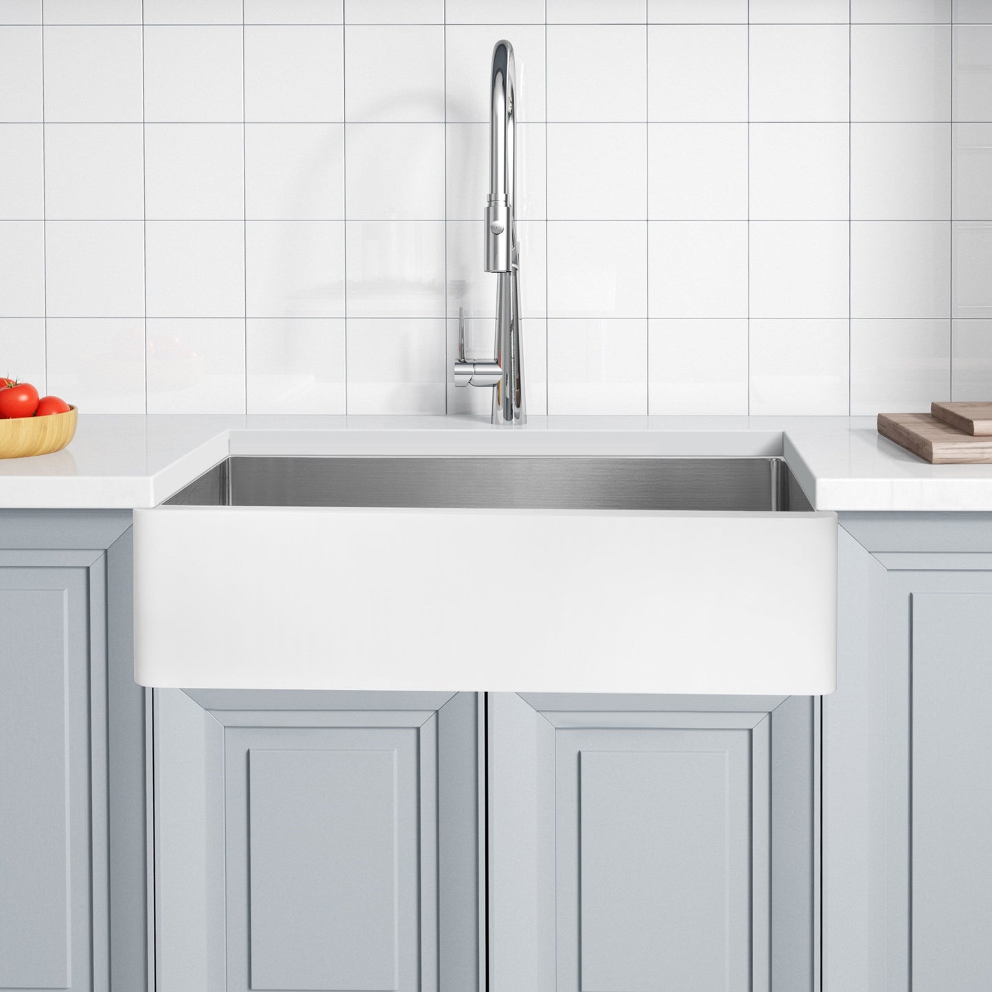 Évier de cuisine simple ANZZI Apollo blanc mat en surface solide de style ferme, 36 po, avec intérieur en acier inoxydable