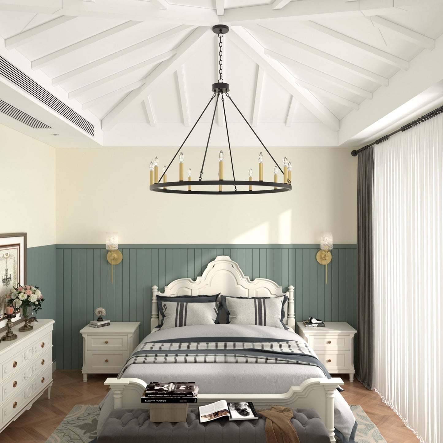 Lustre Acroma Farmhouse à 12 lumières, 40 po, en forme de roue de chariot, certifié UL - 40 po P x 138 po H