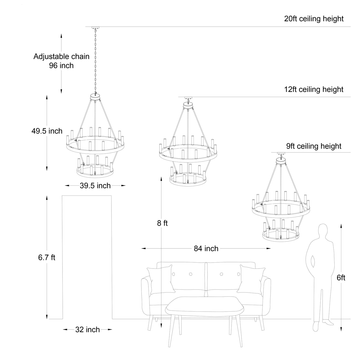 Lustre rond en forme de roue de chariot de style ferme moderne Acroma à 20 lumières de 40 po avec UL