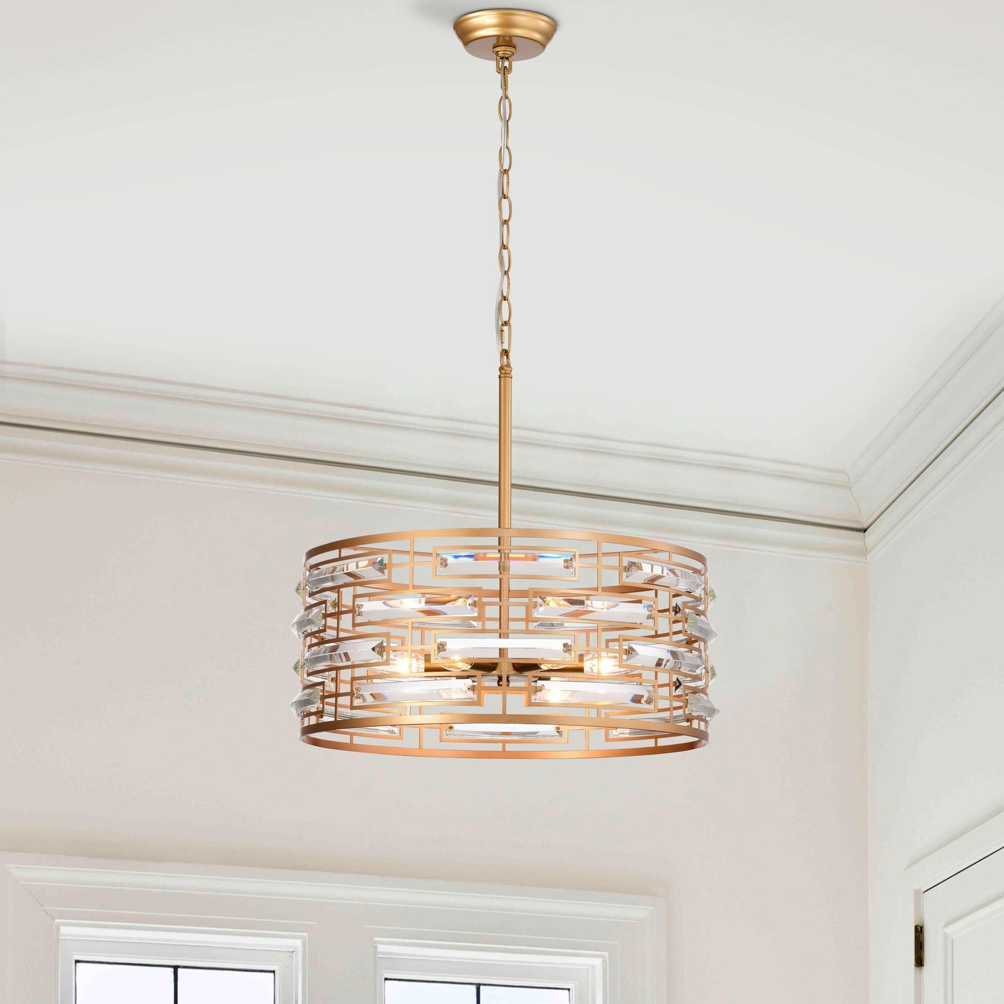 Lustre à abat-jour tambour Anita avec prisme en verre transparent