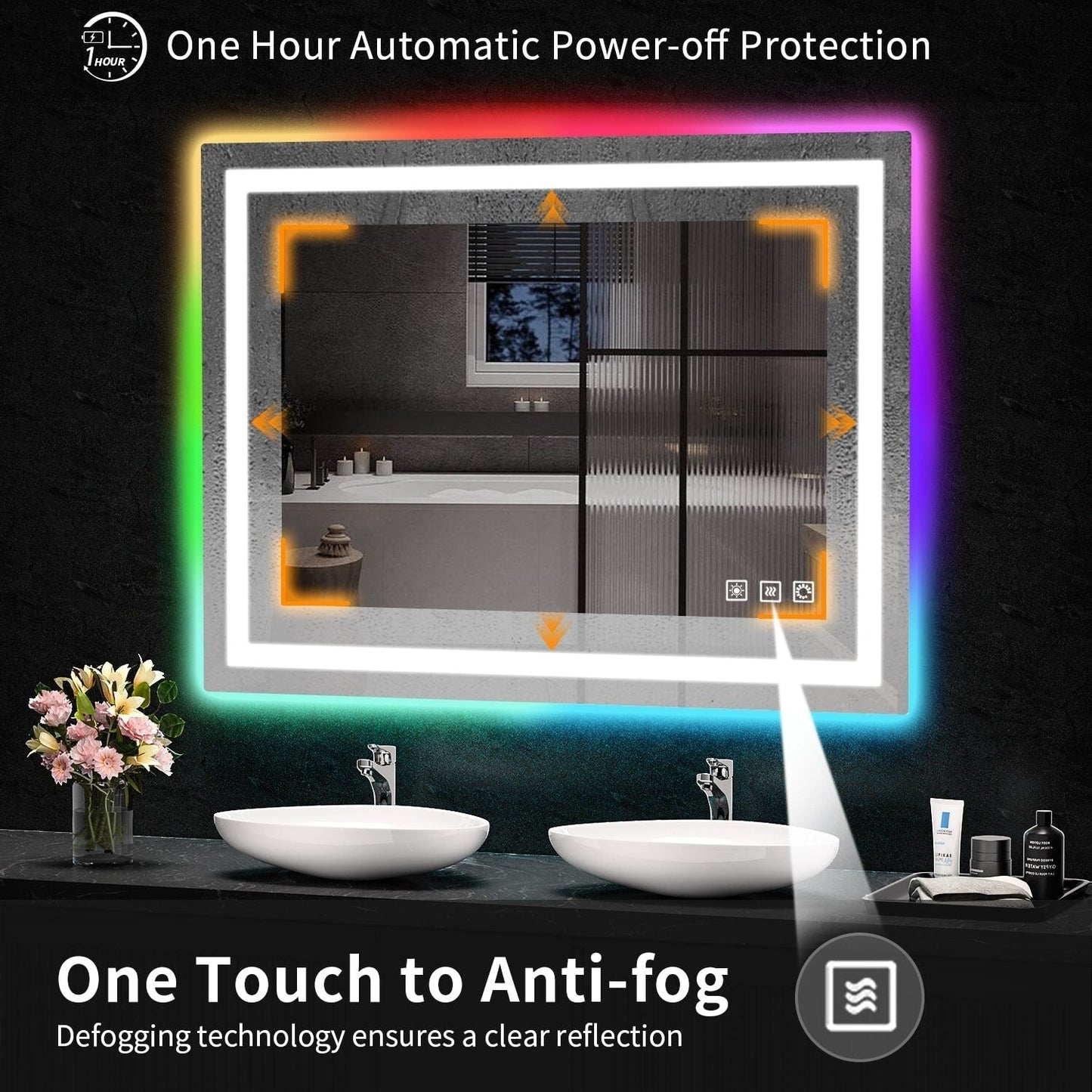 Miroir de salle de bain antibuée rétroéclairé RVB et à éclairage frontal LED