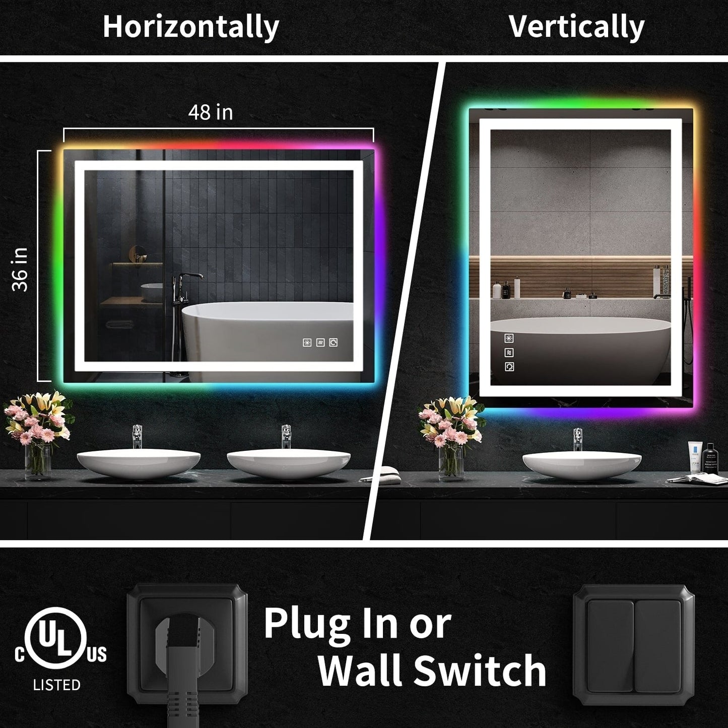 Miroir de salle de bain antibuée rétroéclairé RVB et à éclairage frontal LED