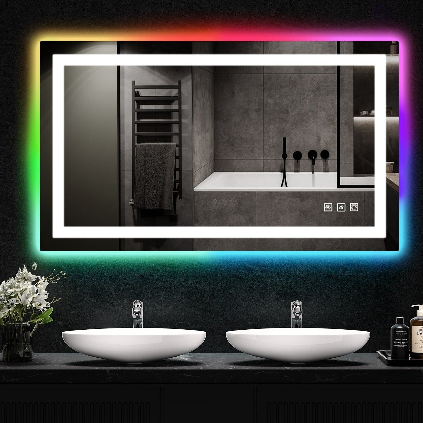 Miroir de salle de bain antibuée rétroéclairé RVB et à éclairage frontal LED
