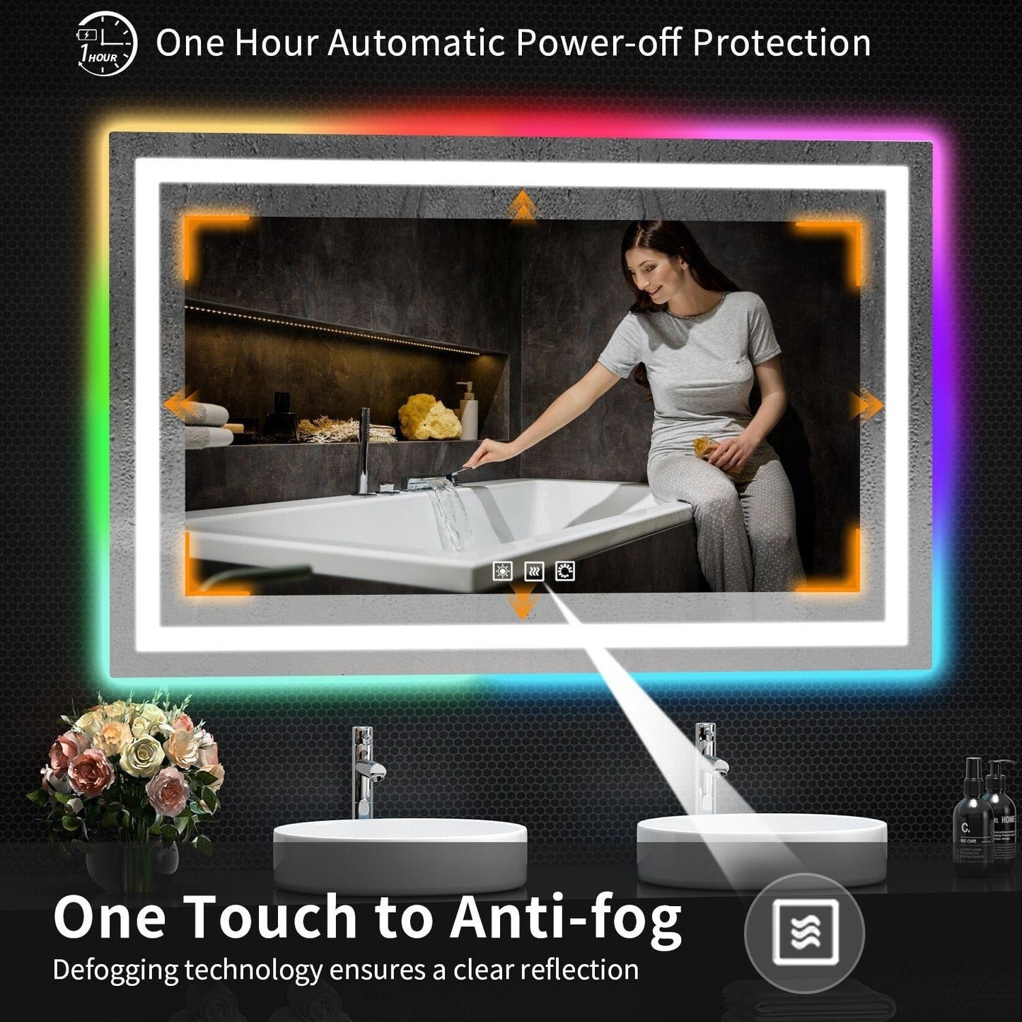 Miroir de salle de bain antibuée rétroéclairé RVB et à éclairage frontal LED