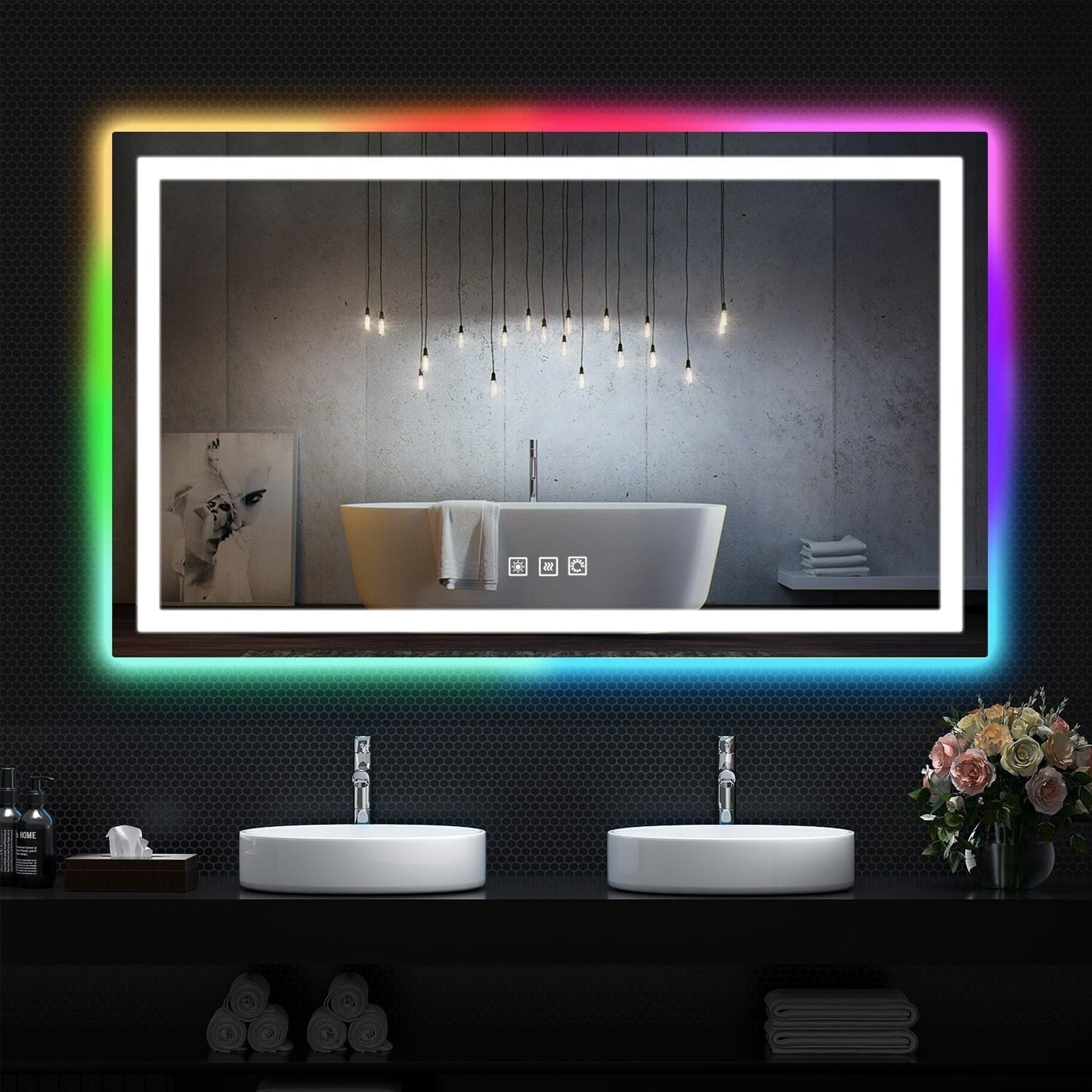 Miroir de salle de bain antibuée rétroéclairé RVB et à éclairage frontal LED