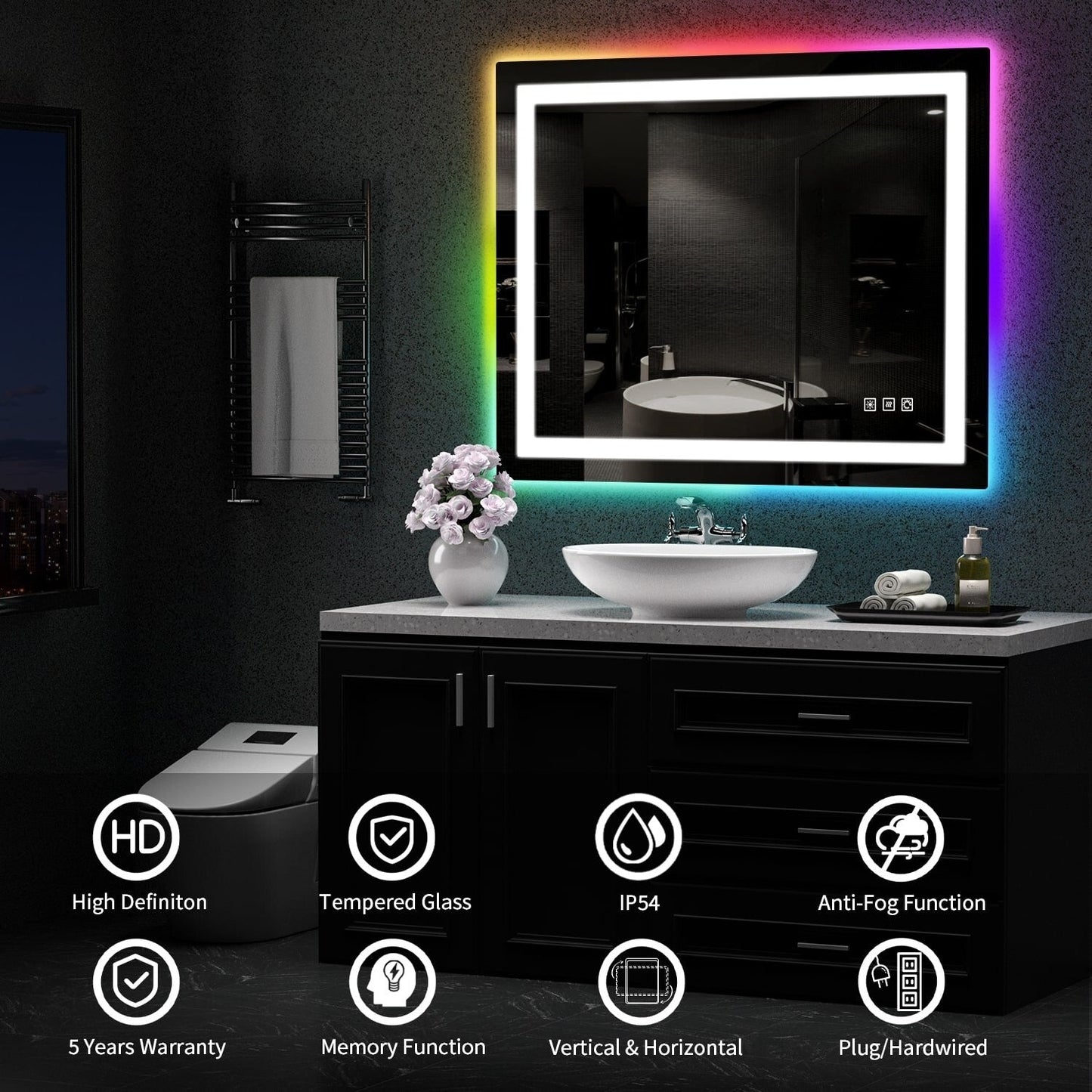 Miroir de salle de bain antibuée rétroéclairé RVB et à éclairage frontal LED