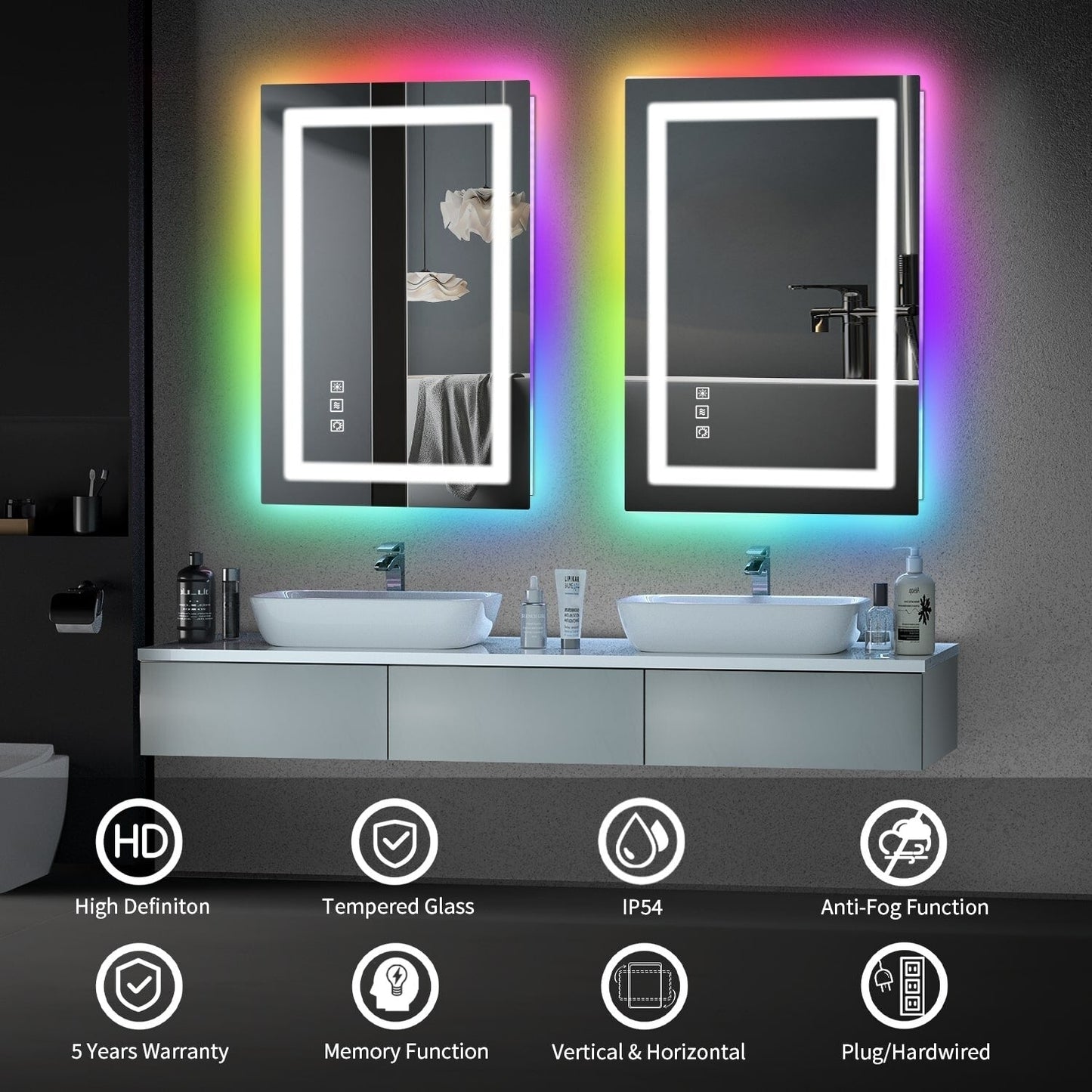 Miroir de salle de bain antibuée rétroéclairé RVB et à éclairage frontal LED