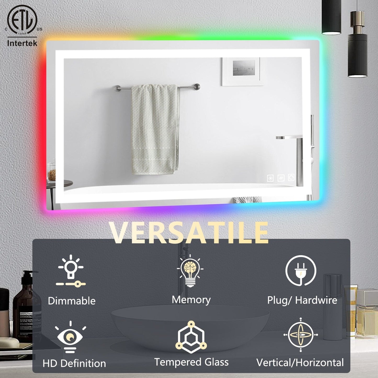 Miroir de salle de bain antibuée rétroéclairé RVB et à éclairage frontal LED