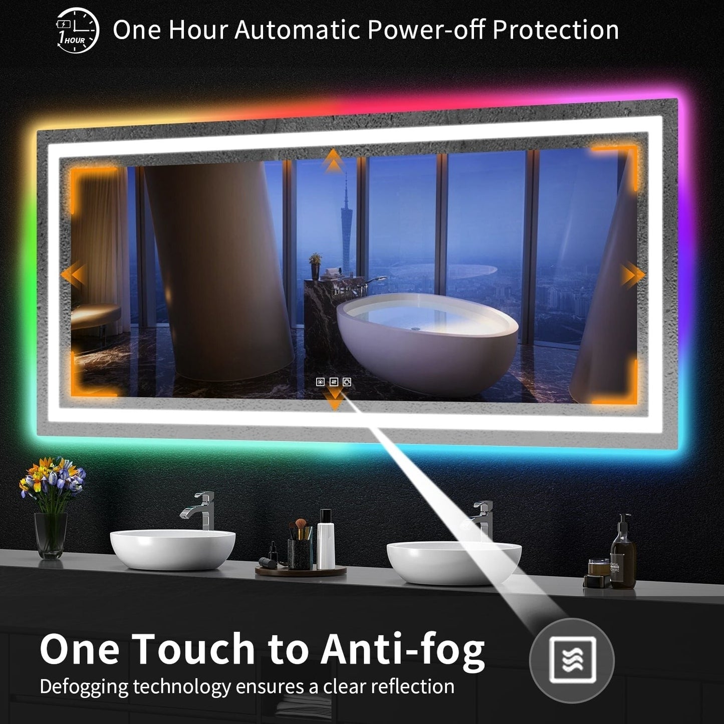 Miroir de salle de bain antibuée rétroéclairé RVB et à éclairage frontal LED