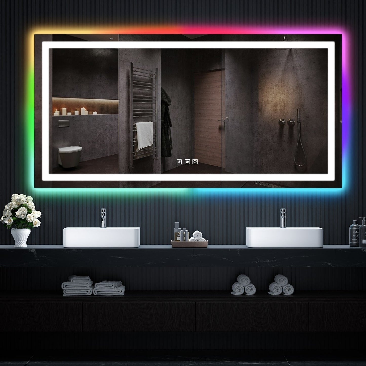 Miroir de salle de bain antibuée rétroéclairé RVB et à éclairage frontal LED