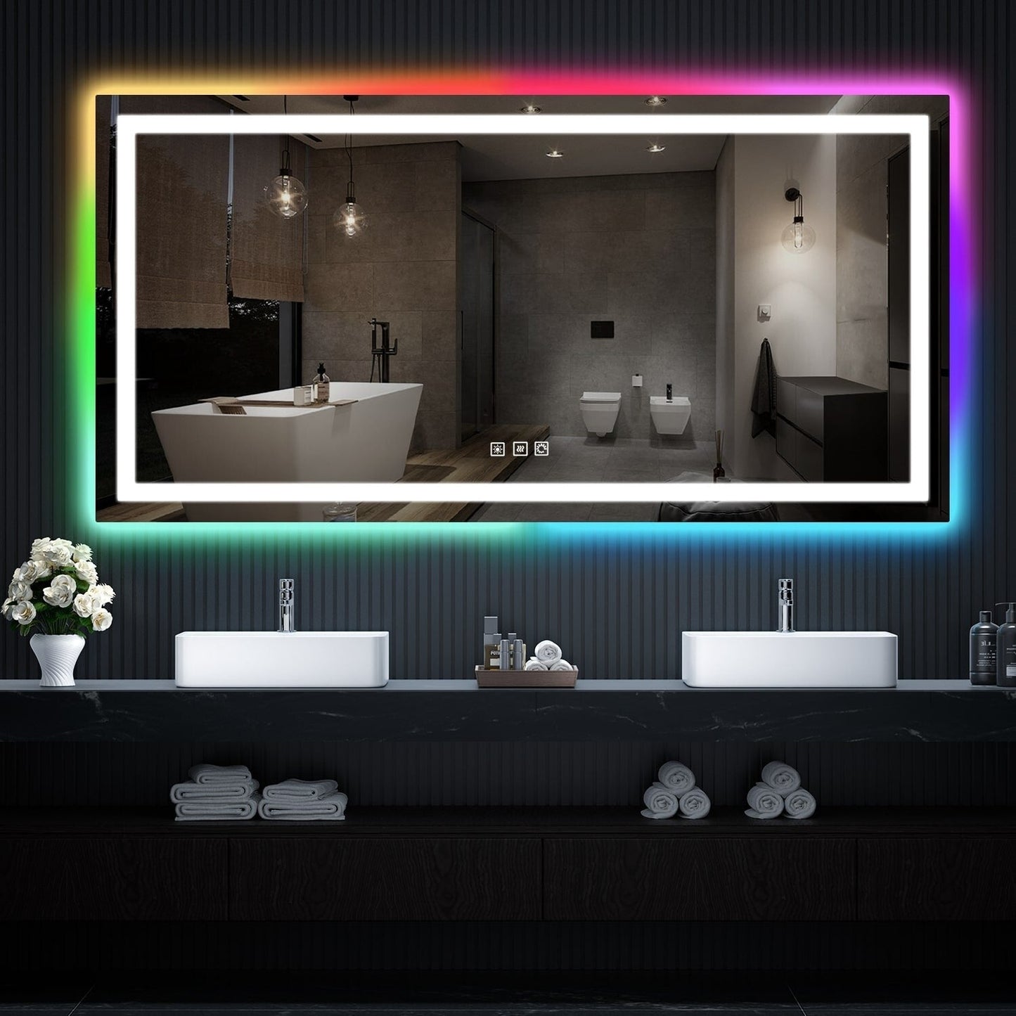 Miroir de salle de bain antibuée rétroéclairé RVB et à éclairage frontal LED