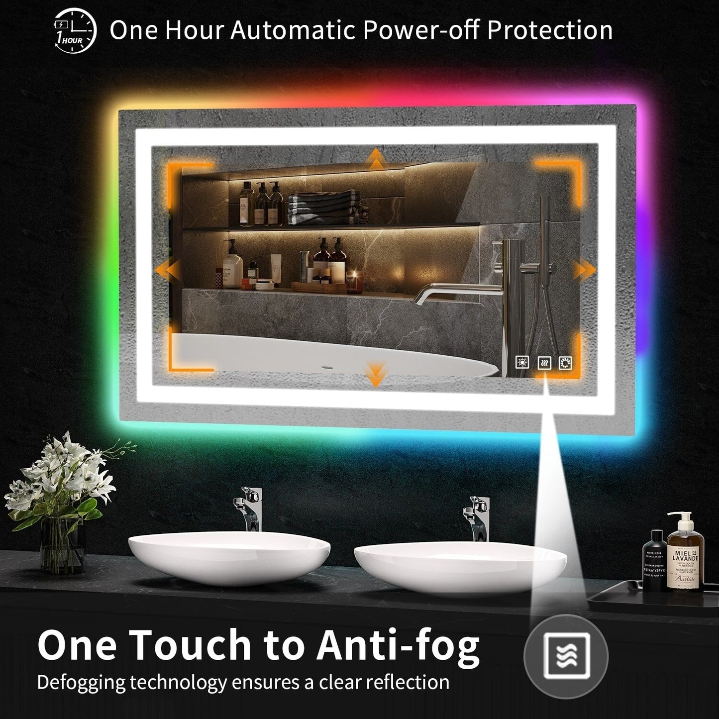 Miroir de salle de bain antibuée rétroéclairé RVB et à éclairage frontal LED