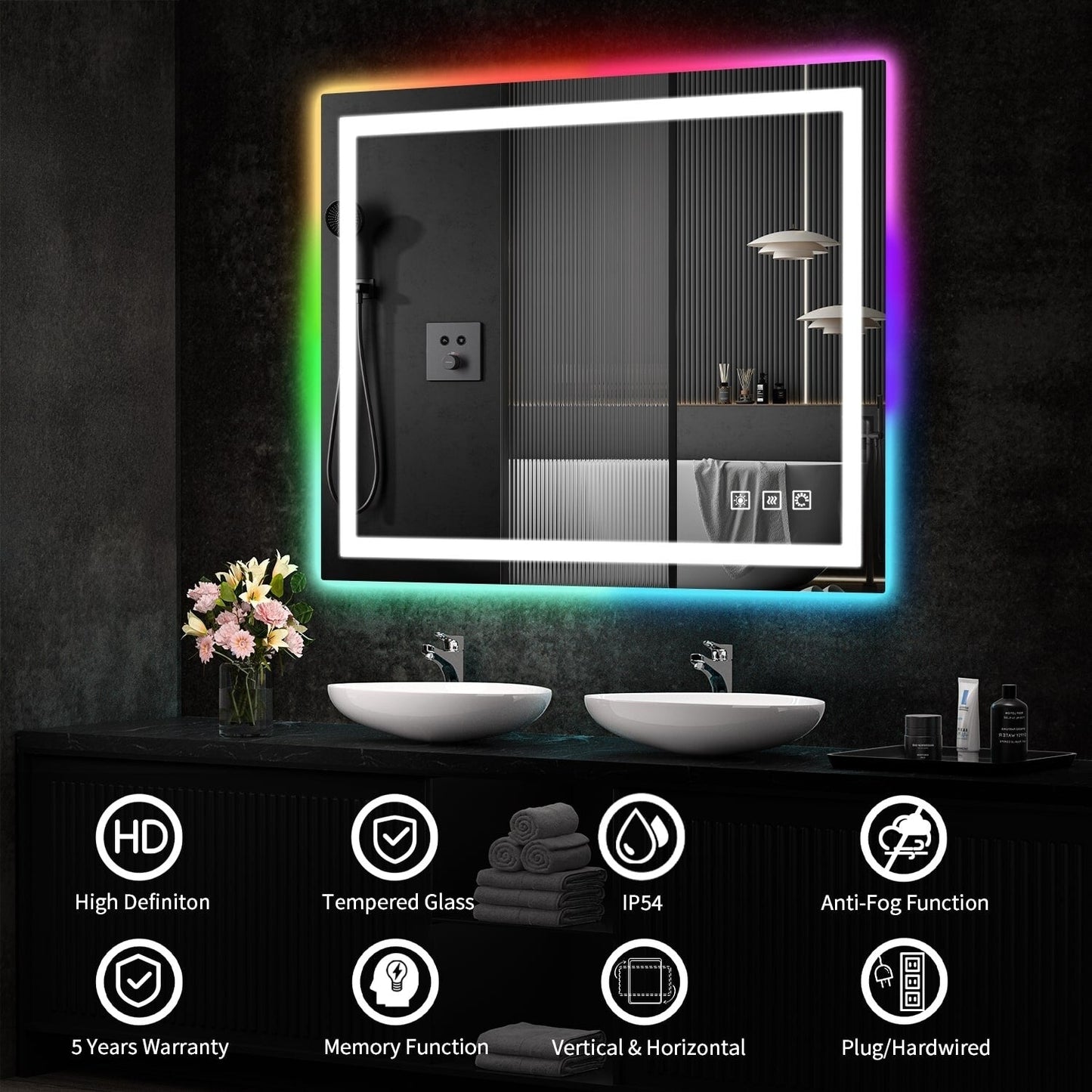 Miroir de salle de bain antibuée rétroéclairé RVB et à éclairage frontal LED