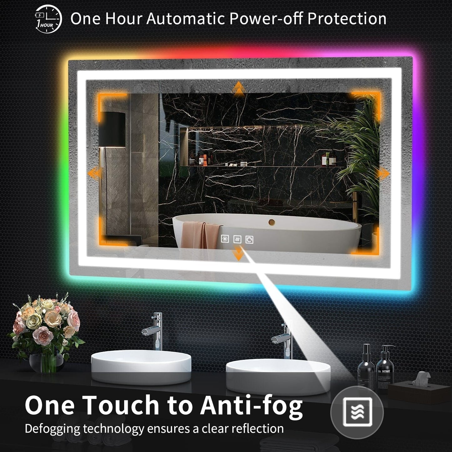 Miroir de salle de bain antibuée rétroéclairé RVB et à éclairage frontal LED