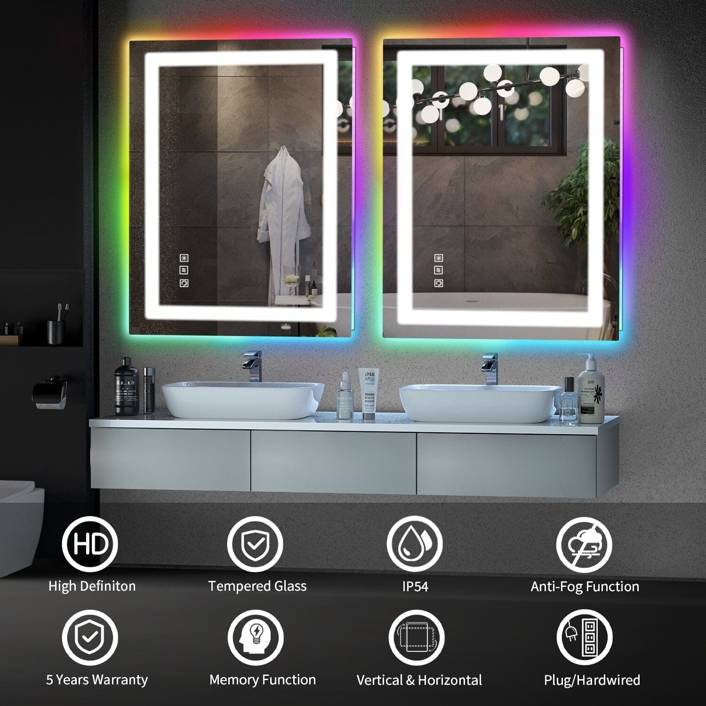 Miroir de salle de bain antibuée rétroéclairé RVB et à éclairage frontal LED