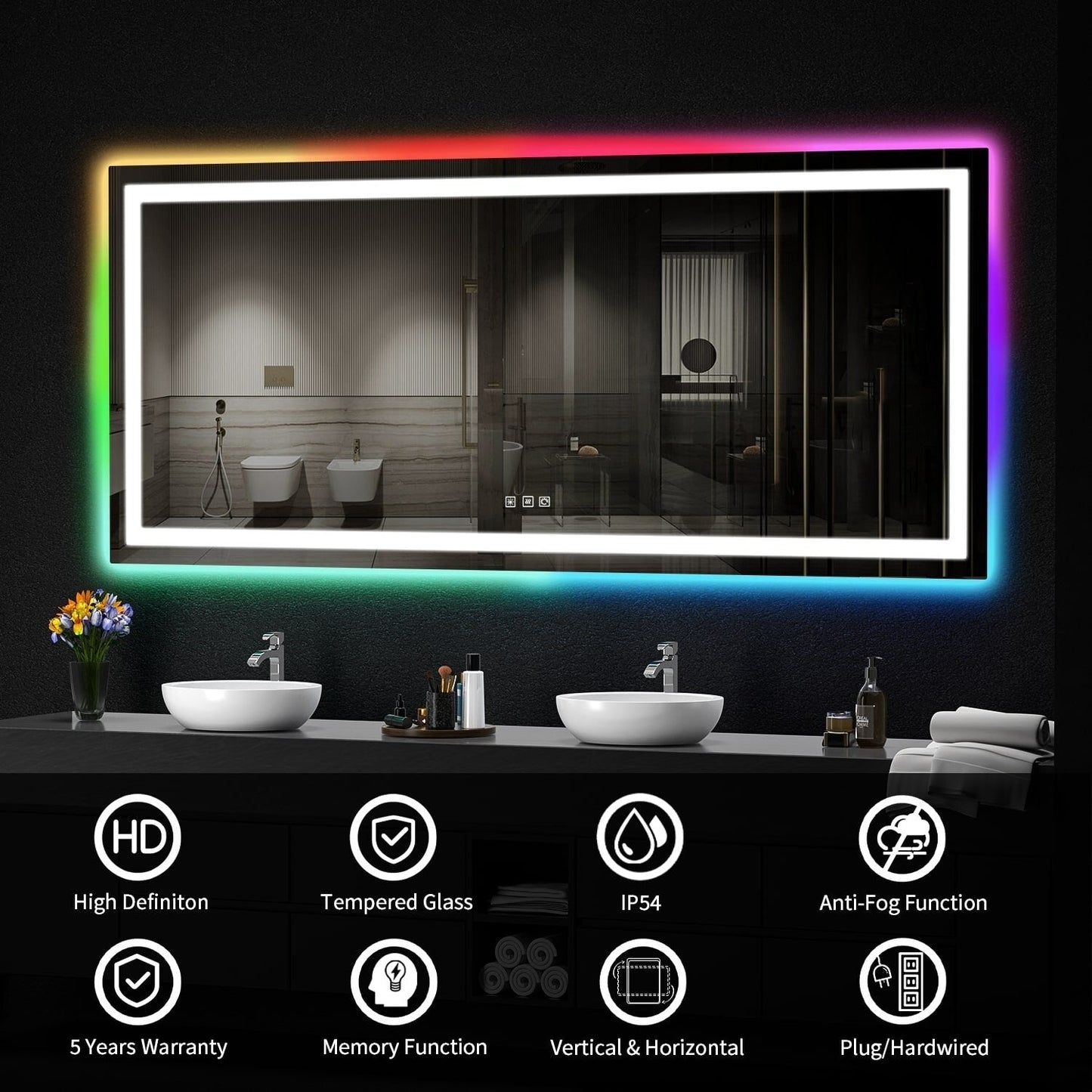 Miroir de salle de bain antibuée rétroéclairé RVB et à éclairage frontal LED