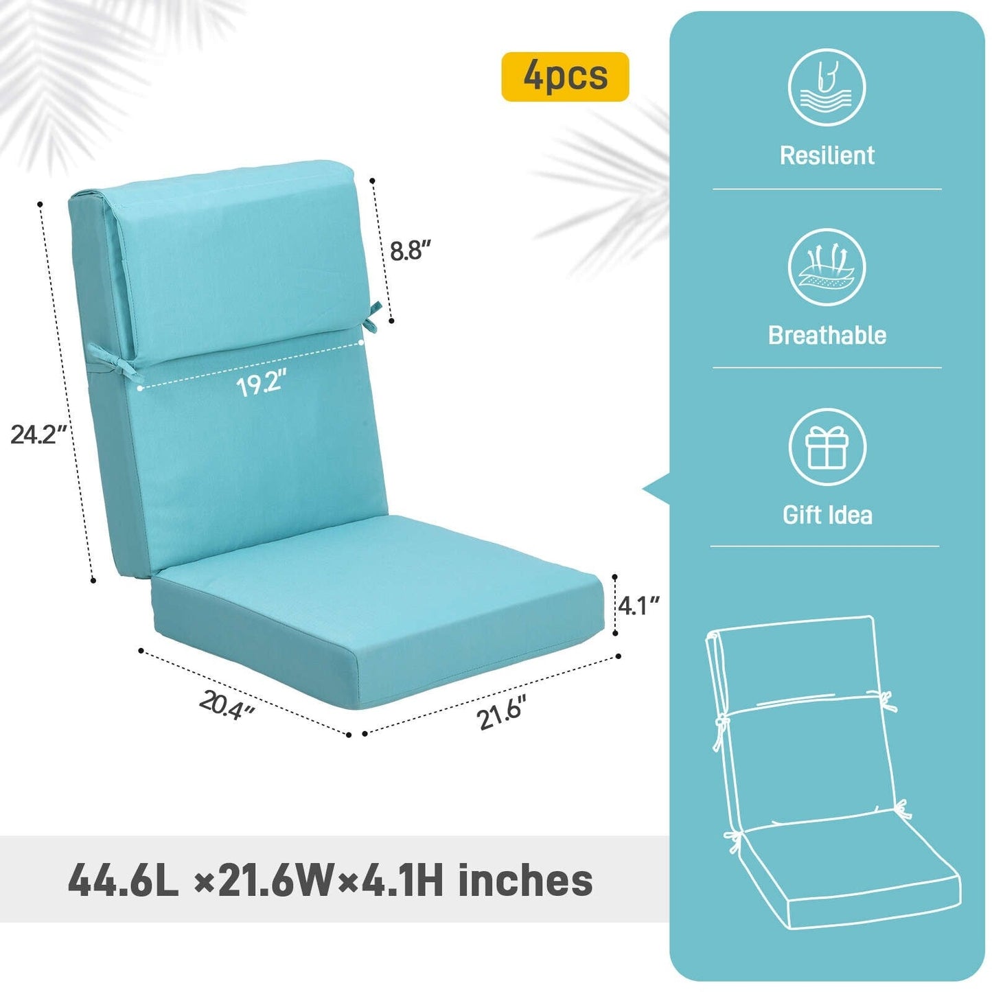 Lot de 4 coussins de chaise à dossier haut Aoodor Patio, 46 x 21 x 4 pouces (coussins uniquement)