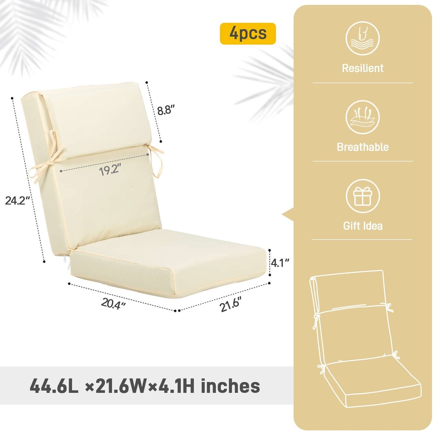 Lot de 4 coussins de chaise à dossier haut Aoodor Patio, 46 x 21 x 4 pouces (coussins uniquement)