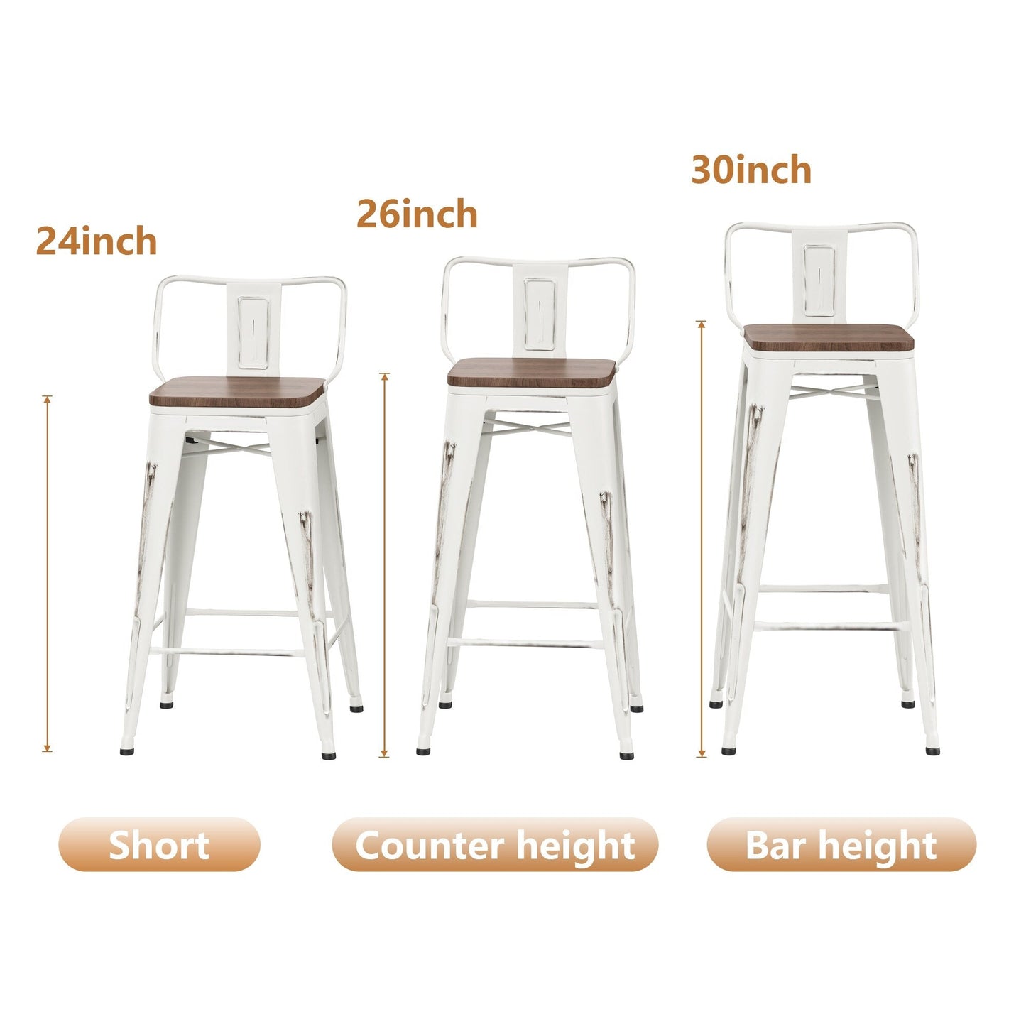 Lot de 4 tabourets de bar industriels en métal avec dossier et assise en bois