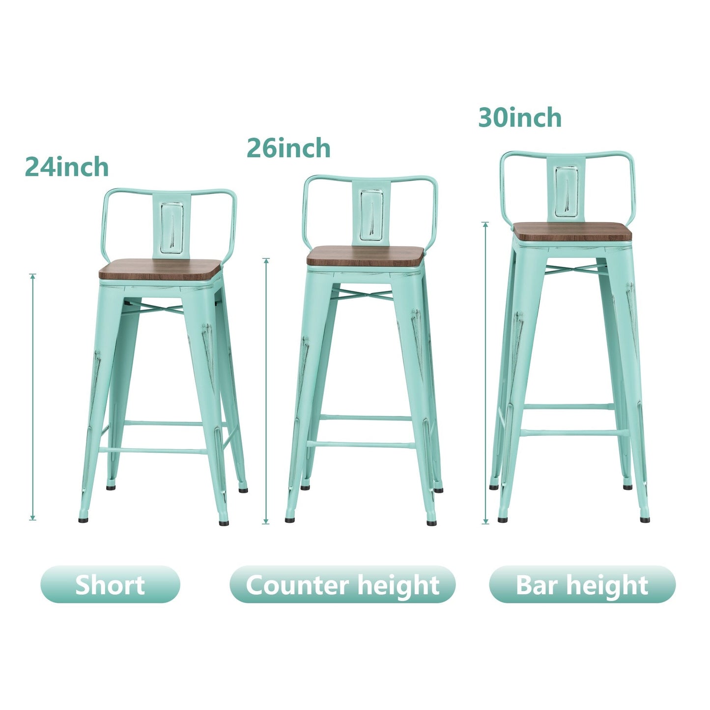 Lot de 4 tabourets de bar industriels en métal avec dossier et assise en bois