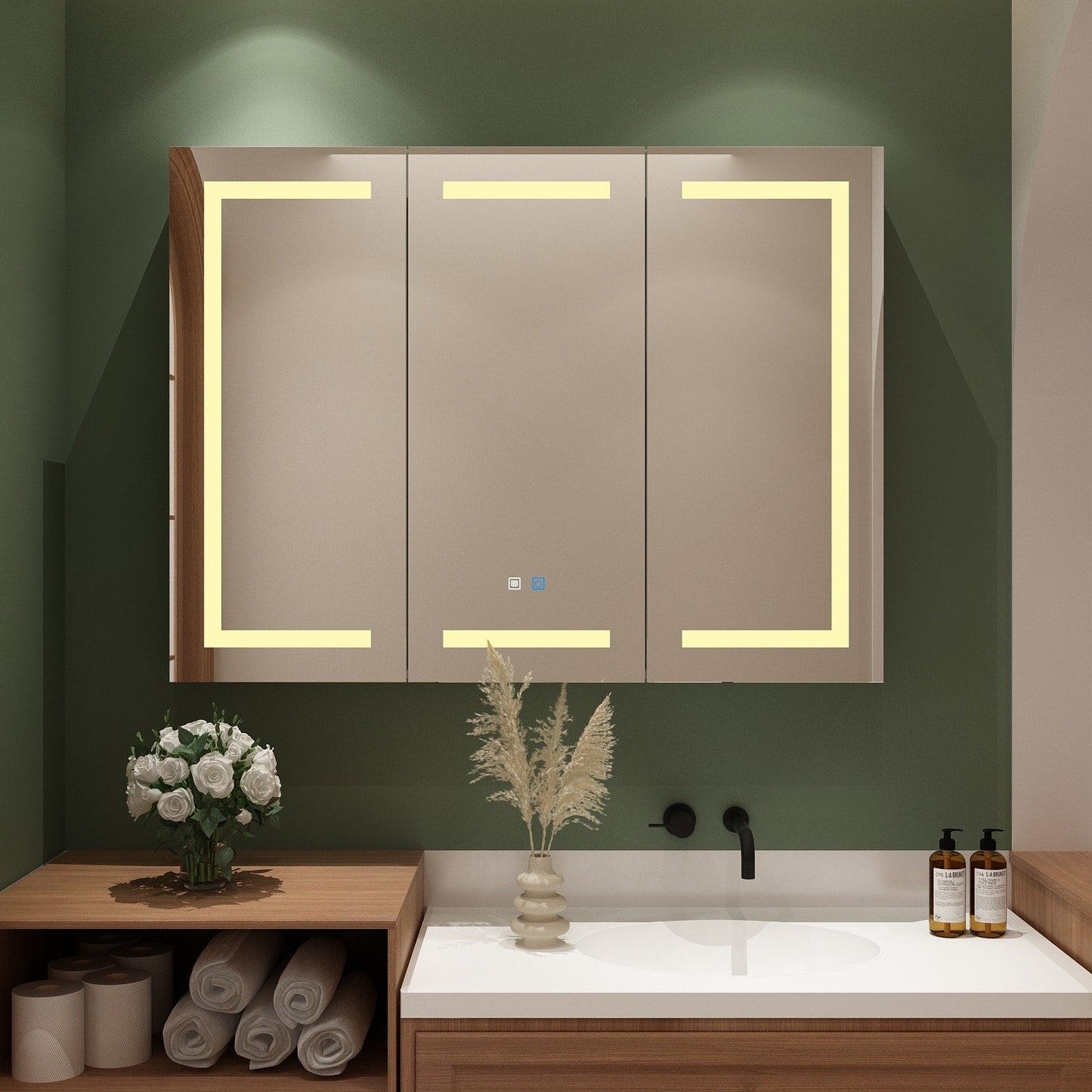 Armoire à pharmacie de salle de bain avec miroir LED antibuée 6 000 K, armoire murale blanche