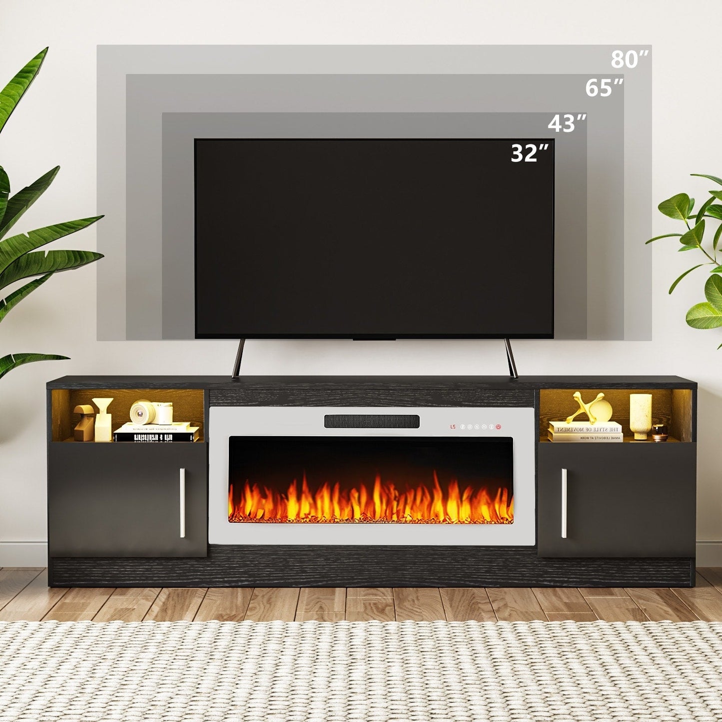 Meuble TV Bossin 70 avec cheminée électrique de 36 pouces, meuble TV pour téléviseurs jusqu'à 80 pouces, éclairage LED 16 couleurs/centre de divertissement