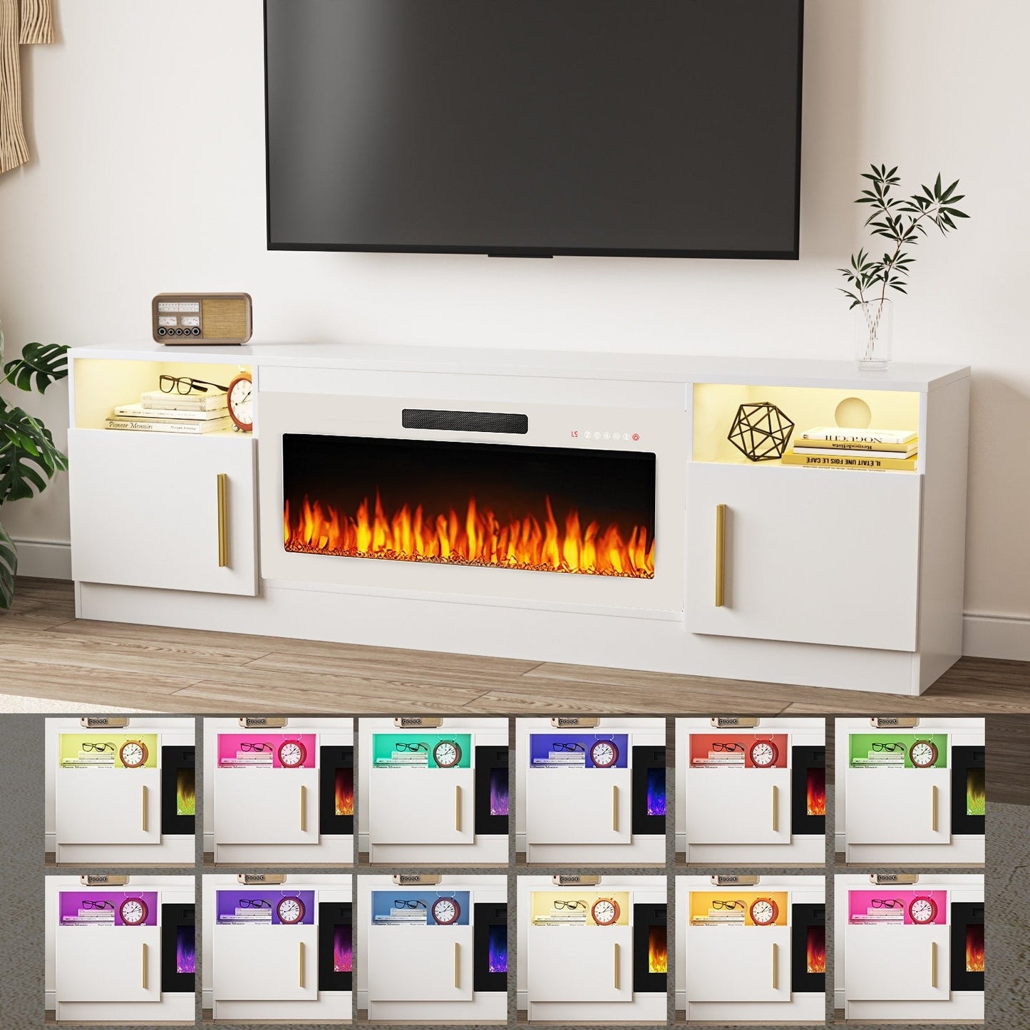 Meuble TV Bossin 70 avec cheminée électrique de 36 pouces, meuble TV pour téléviseurs jusqu'à 80 pouces, éclairage LED 16 couleurs/centre de divertissement