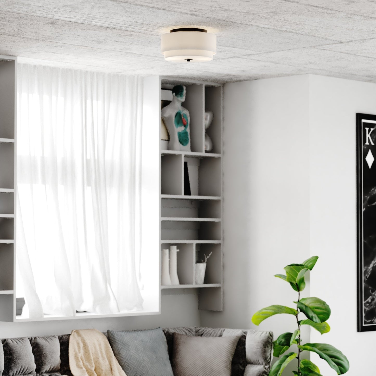 Plafonnier moderne du milieu du siècle de Burnaby avec abat-jour tambour en lin blanc