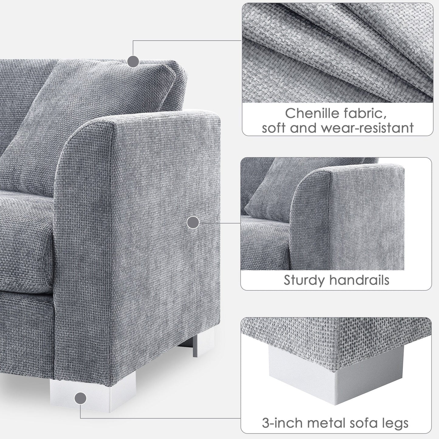 Canapé sectionnel Cloud, ensemble de canapés de luxe en forme de L avec 2 oreillers gratuits, mobilier d'intérieur 4 places en chenille avec méridienne surdimensionnée
