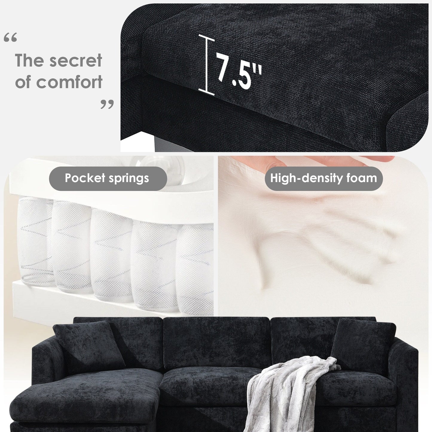 Canapé sectionnel Cloud, ensemble de canapés de luxe en forme de L avec 2 oreillers gratuits, mobilier d'intérieur 4 places en chenille avec méridienne surdimensionnée