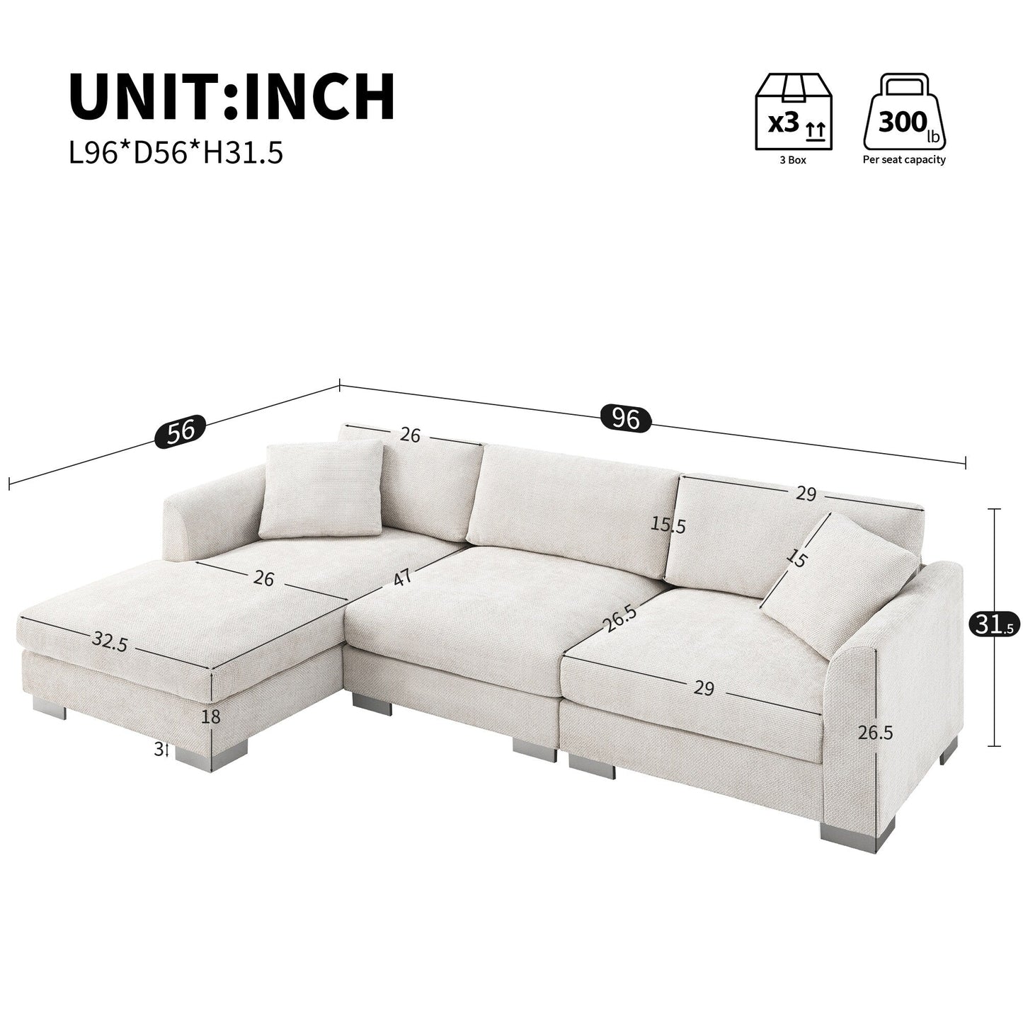Canapé sectionnel Cloud, ensemble de canapés de luxe en forme de L avec 2 oreillers gratuits, mobilier d'intérieur 4 places en chenille avec méridienne surdimensionnée