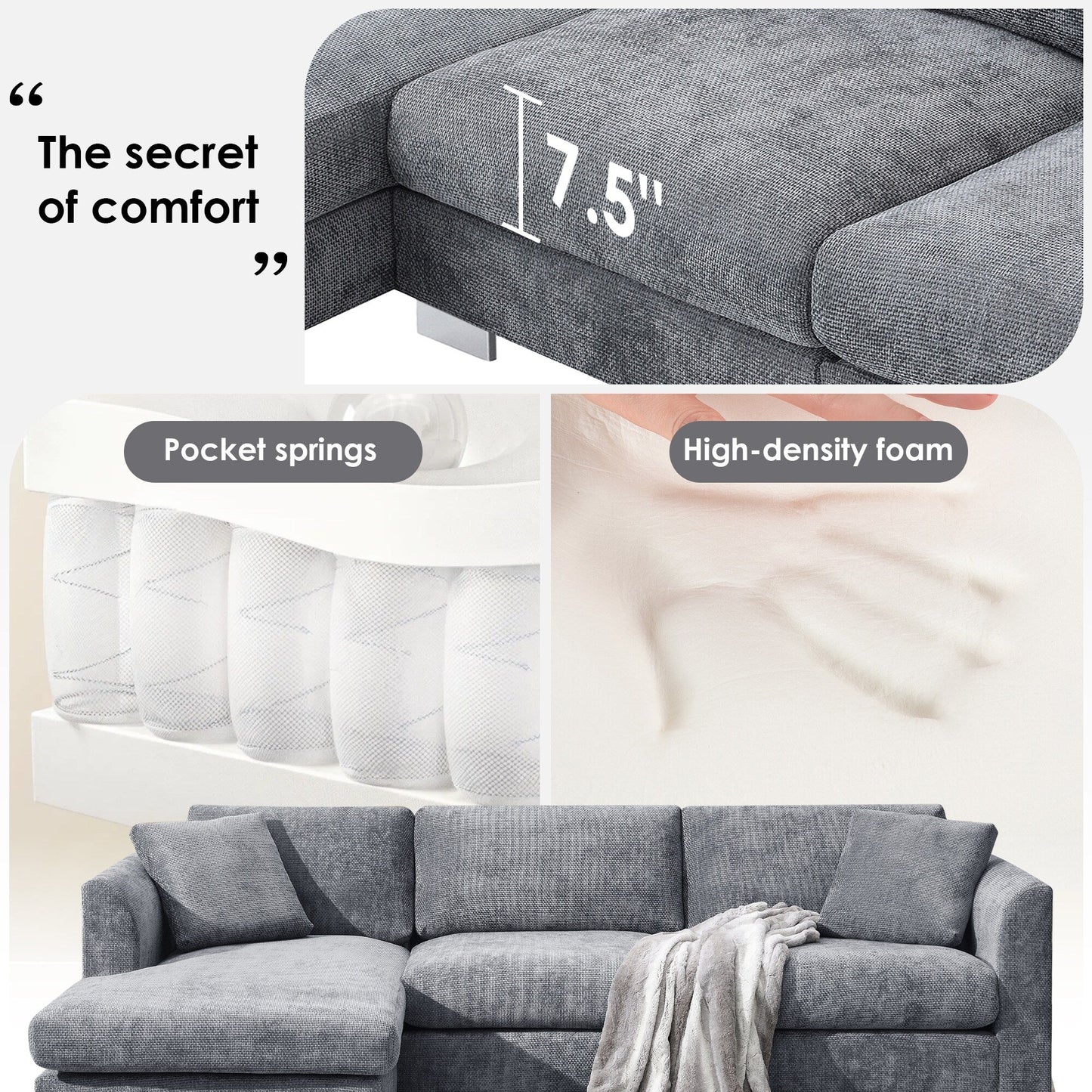 Canapé sectionnel Cloud, ensemble de canapés de luxe en forme de L avec 2 oreillers gratuits, mobilier d'intérieur 4 places en chenille avec méridienne surdimensionnée
