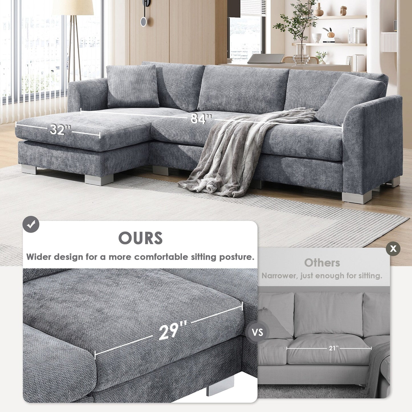 Canapé sectionnel Cloud, ensemble de canapés de luxe en forme de L avec 2 oreillers gratuits, mobilier d'intérieur 4 places en chenille avec méridienne surdimensionnée