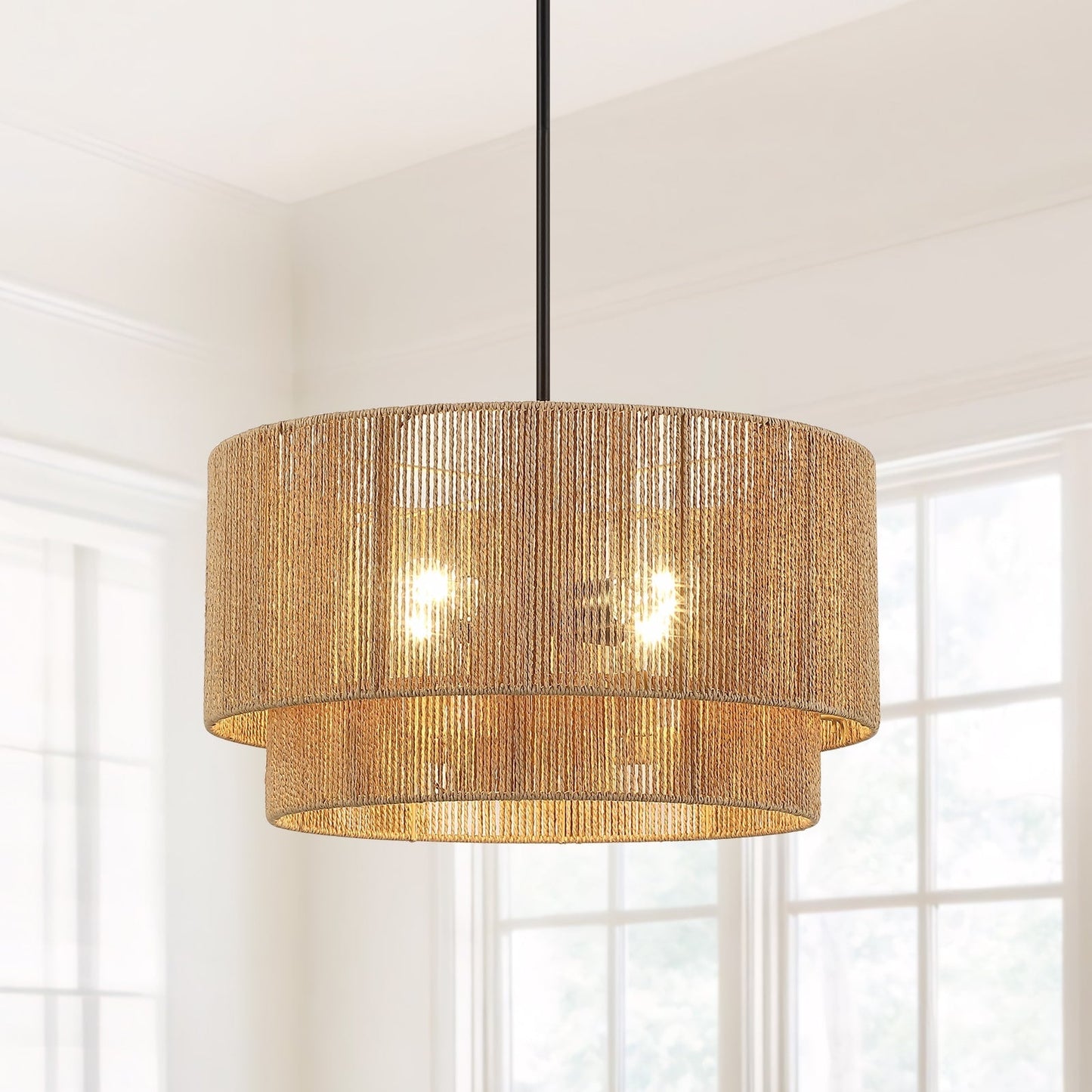Lustre tambour en rotin naturel à 4 lumières Cynthia - 22 po de largeur