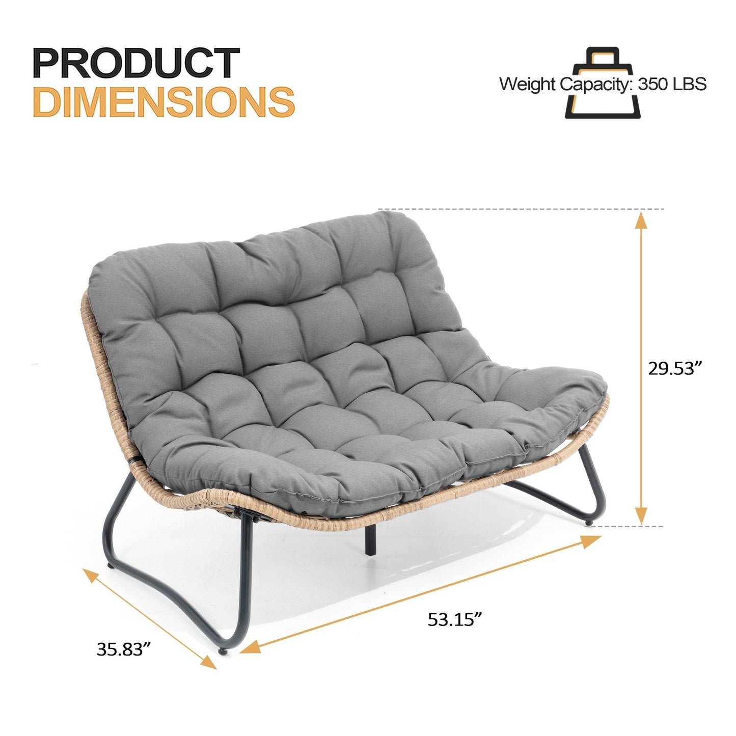 Fauteuil Papasan double avec coussin, rotin PE toutes saisons et cadre en métal pour intérieur et extérieur
