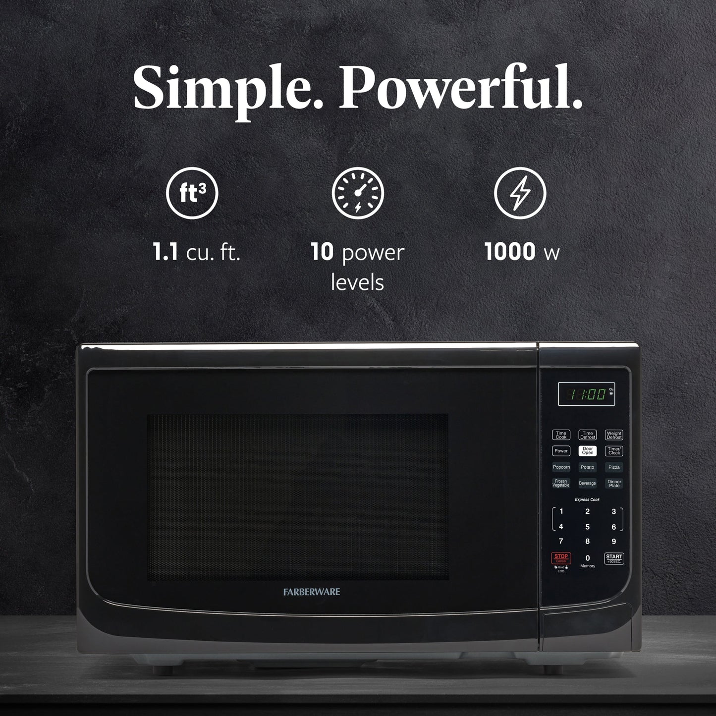 Four à micro-ondes de comptoir Farberware de 1 000 W et 1,1 pi³ avec éclairage LED et verrouillage enfant