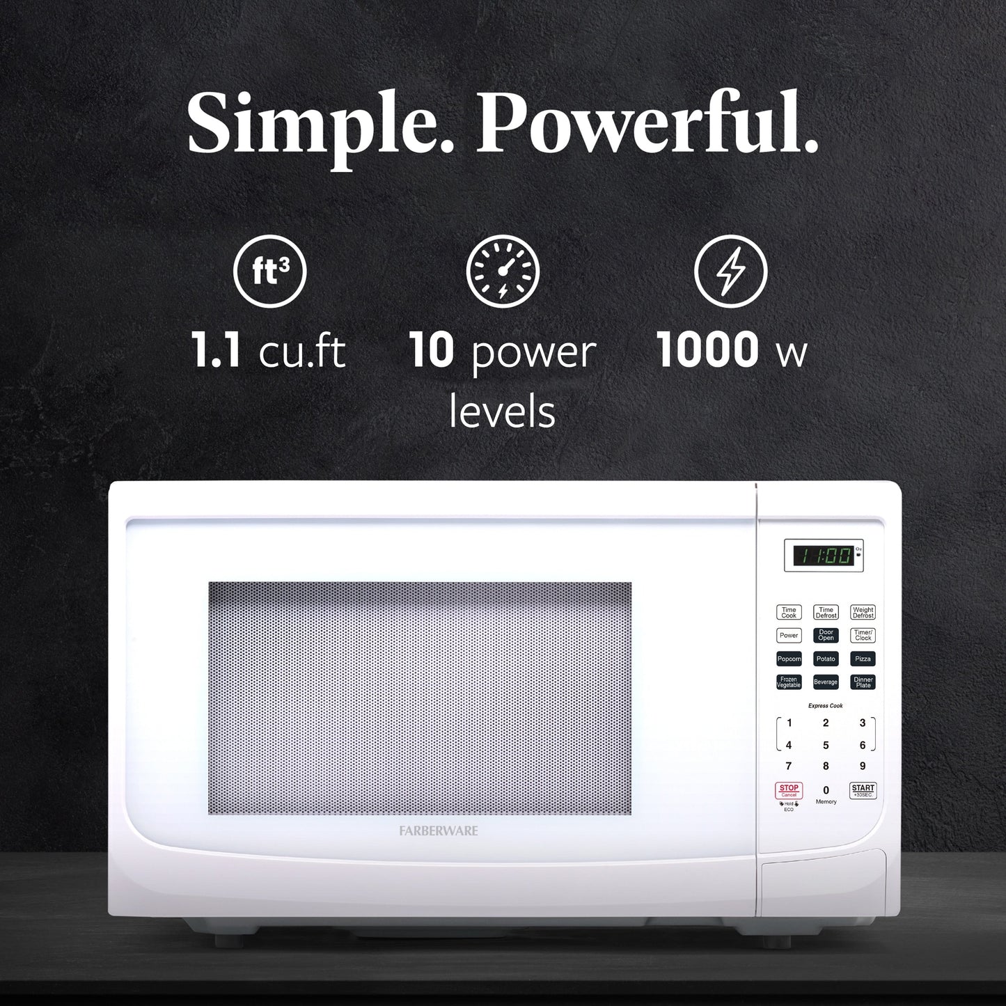 Four à micro-ondes de comptoir Farberware de 1 000 W et 1,1 pi³ avec éclairage LED et verrouillage enfant