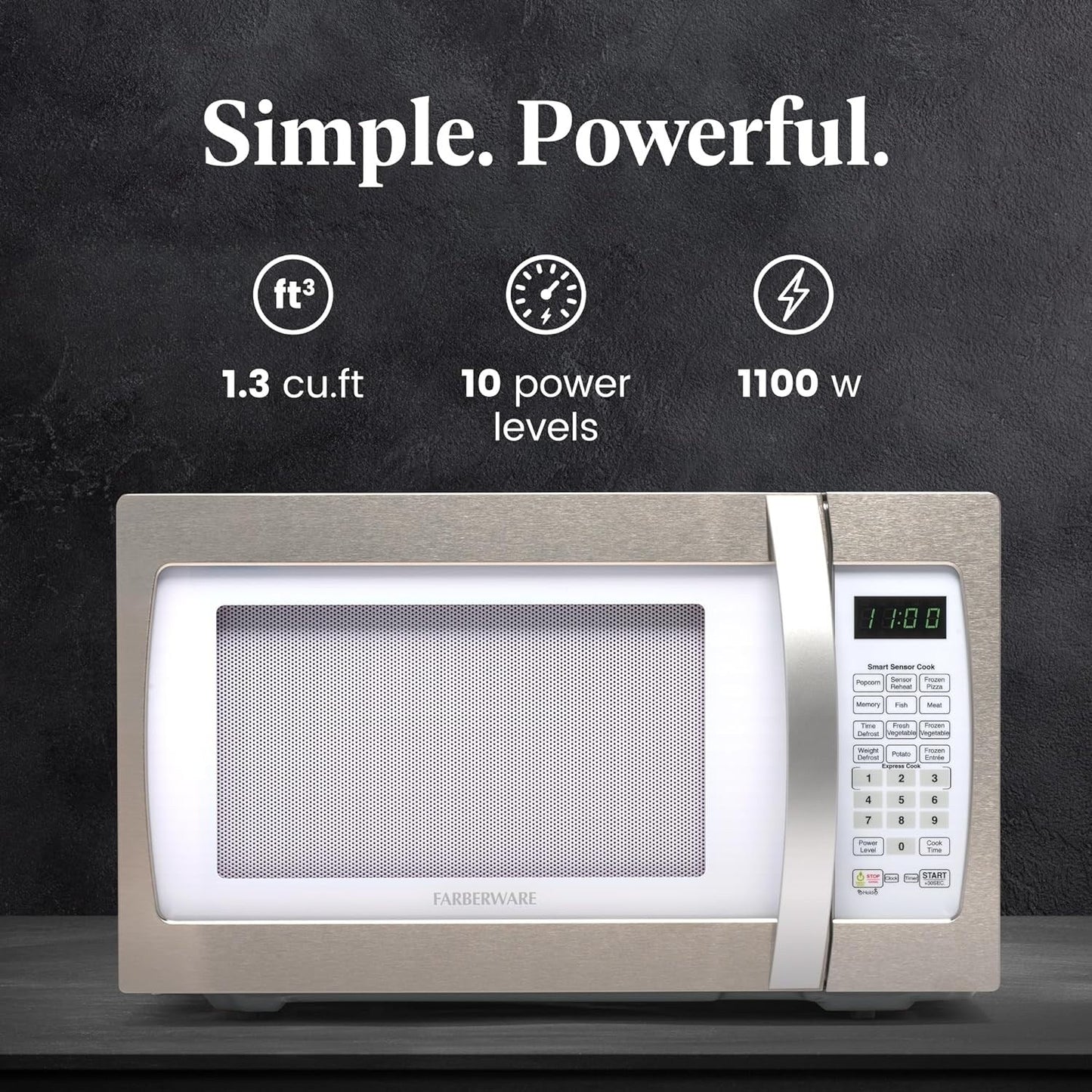 Four à micro-ondes Farberware Professional de 1,3 pi³ et 1 100 W avec cuisson par capteur intelligent, blanc et platine