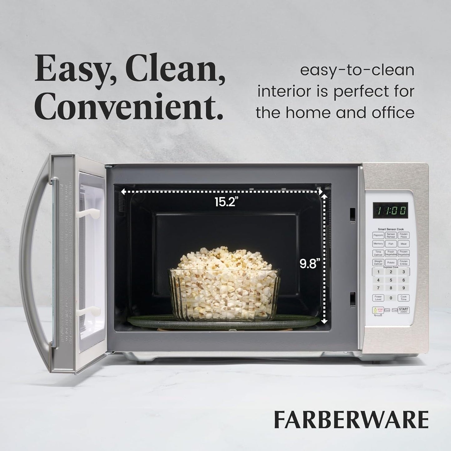 Four à micro-ondes Farberware Professional de 1,3 pi³ et 1 100 W avec cuisson par capteur intelligent, blanc et platine