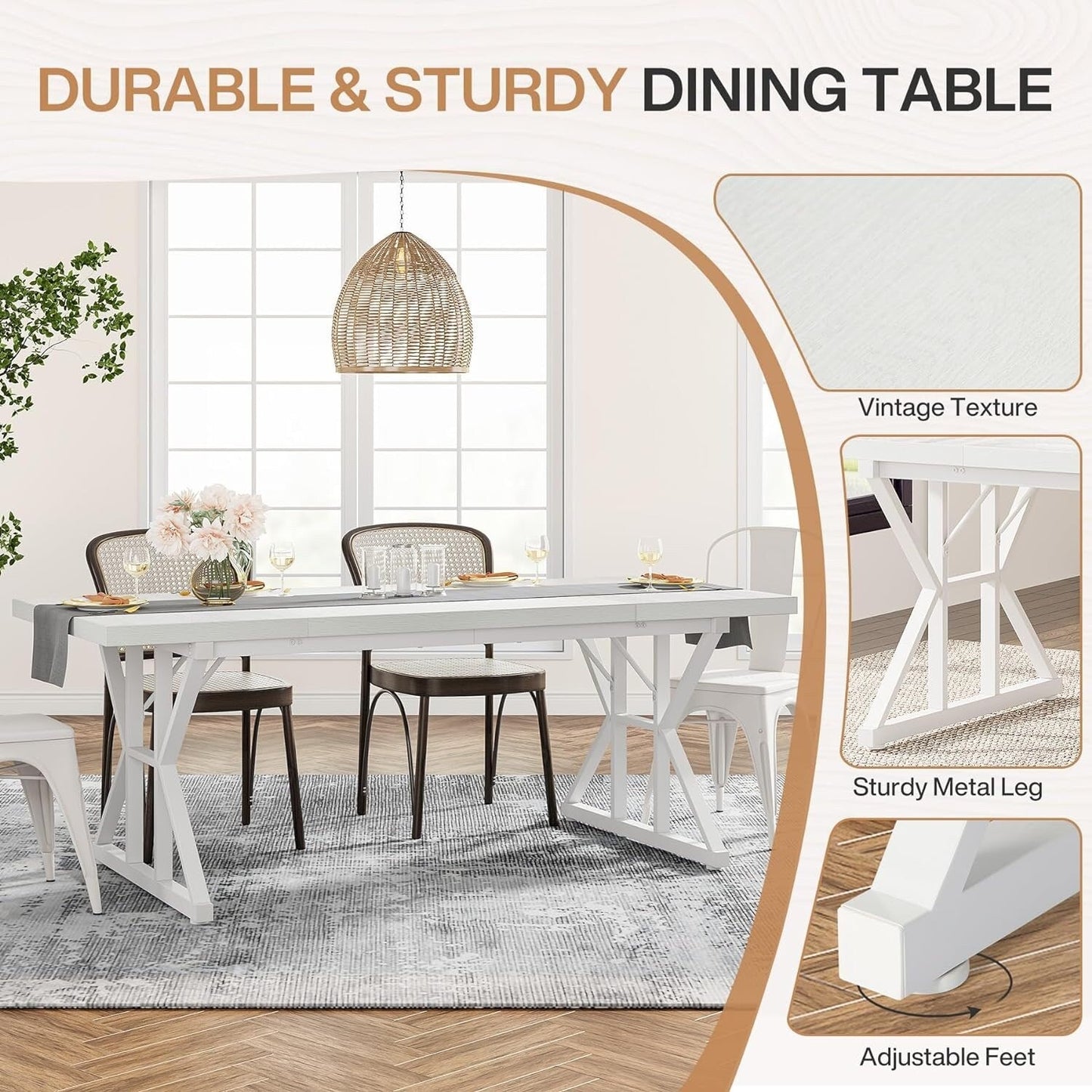Table à manger de ferme pour 6 personnes, table de cuisine rectangulaire en bois de 70,8 pouces