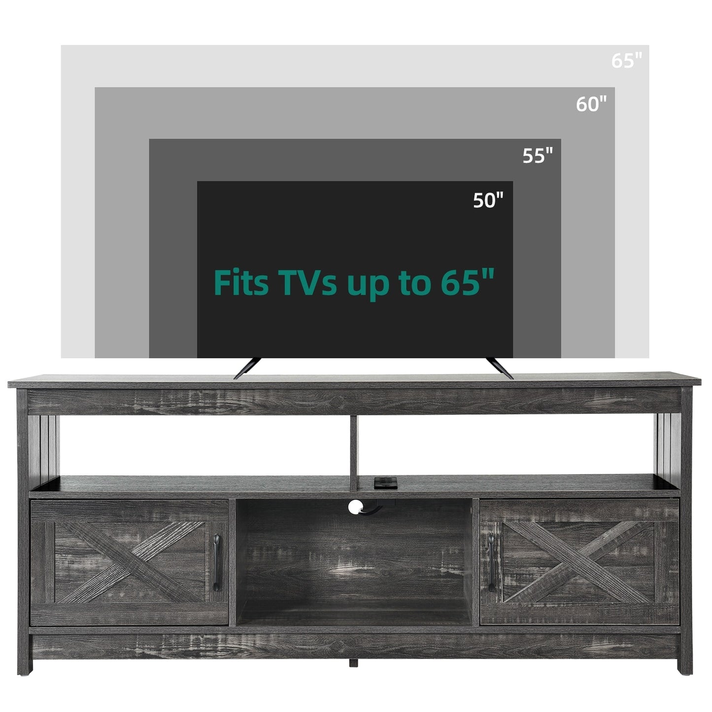 Meuble TV Farmhouse pouvant accueillir jusqu'à 65 téléviseurs avec portes et étagères ouvertes Console multimédia Prise de courant