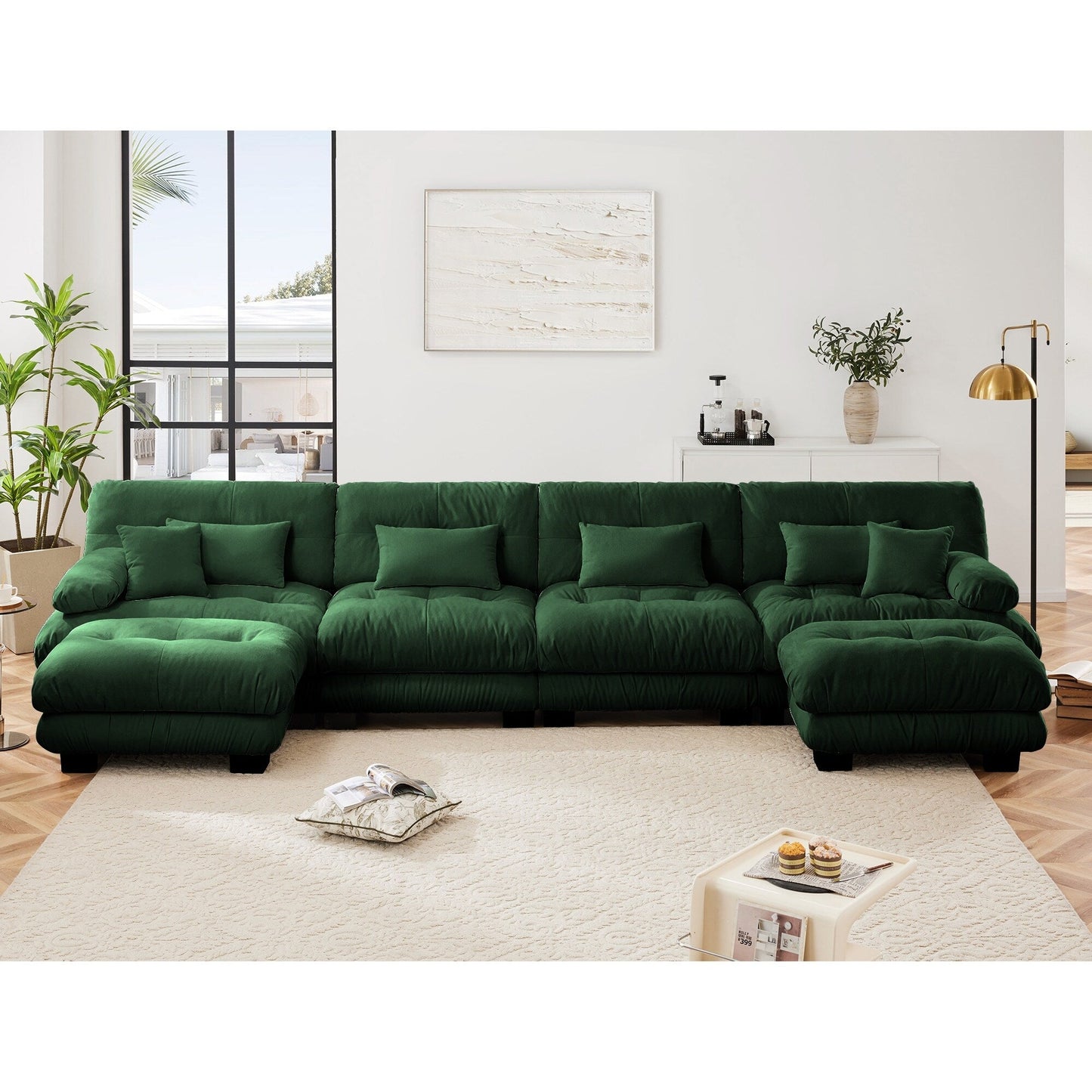 Canapé modulable 4 places en chenille avec 2 poufs et oreiller pour le salon