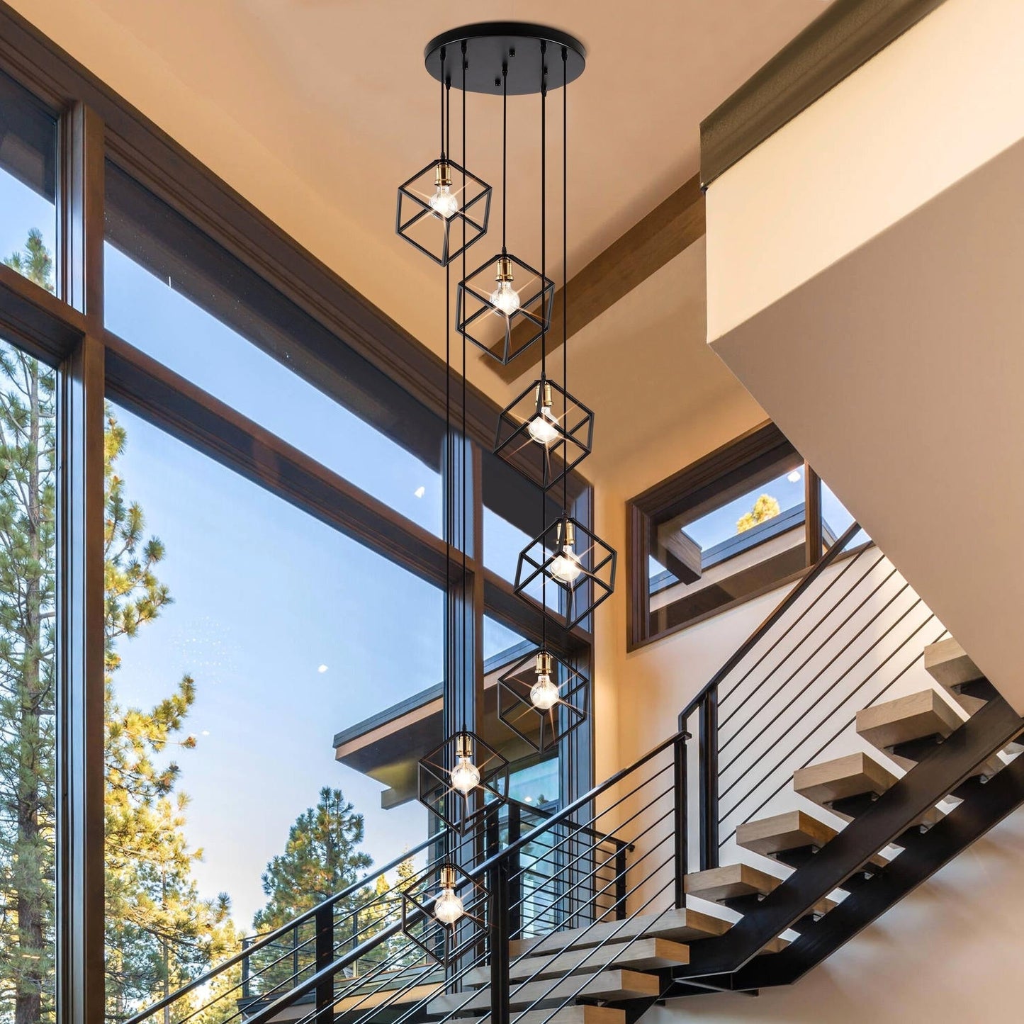 Lustre suspendu géométrique pour escalier, hauteur réglable, 5 ou 7 lumières